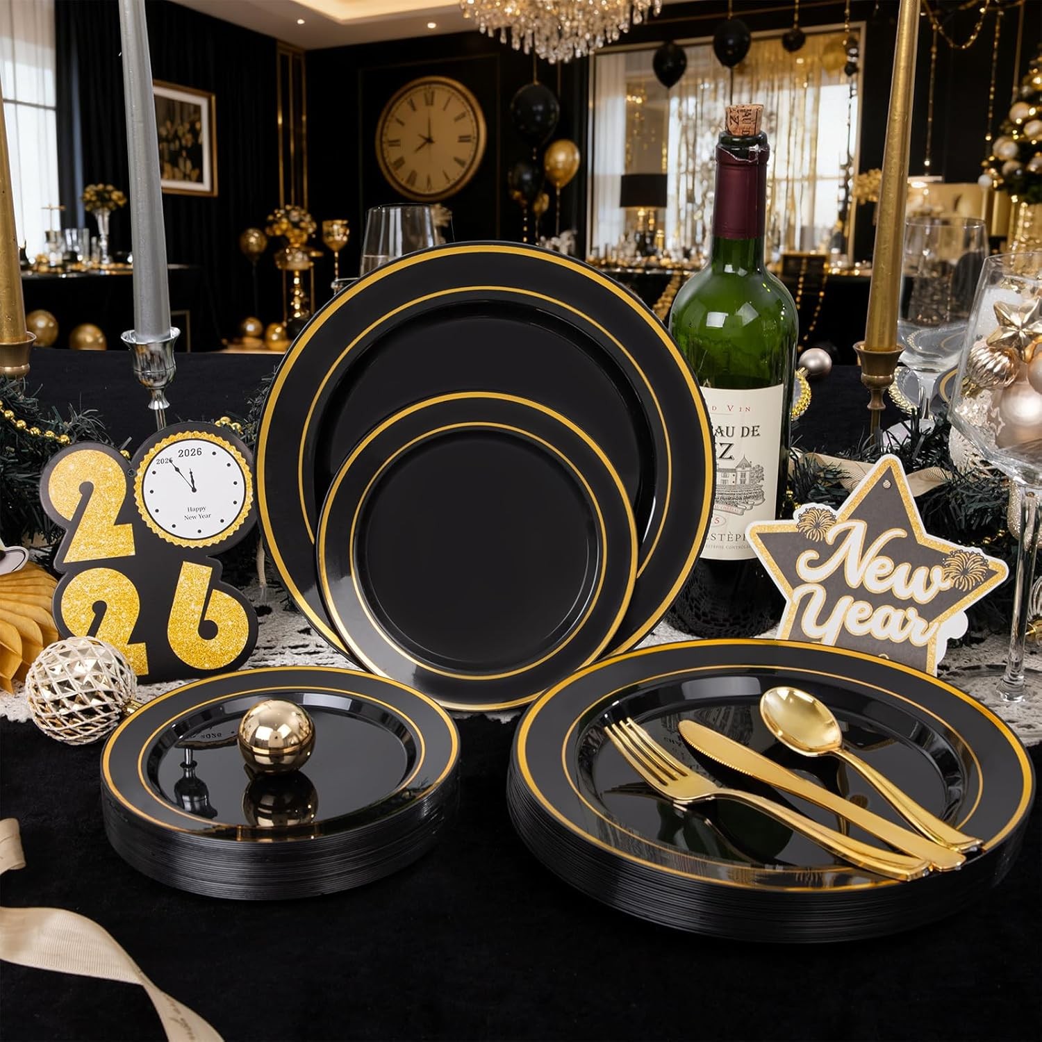 350 Pieces Black and Gold Plastic Plates with Disposable Silverware, Include 5