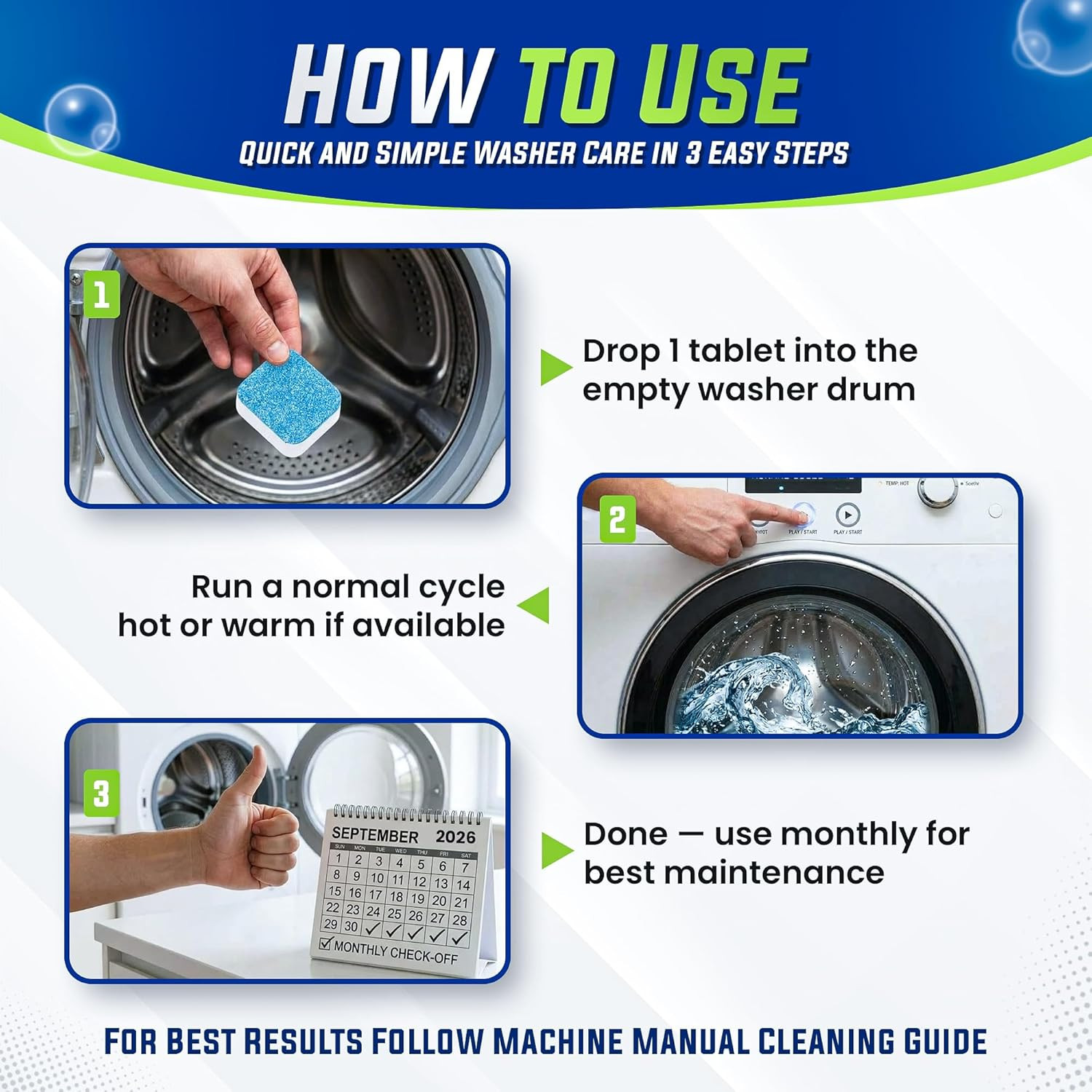 Washing Machine Cleaner Tablets 25 Pack for Front Load, Top Load & HE Washers, H