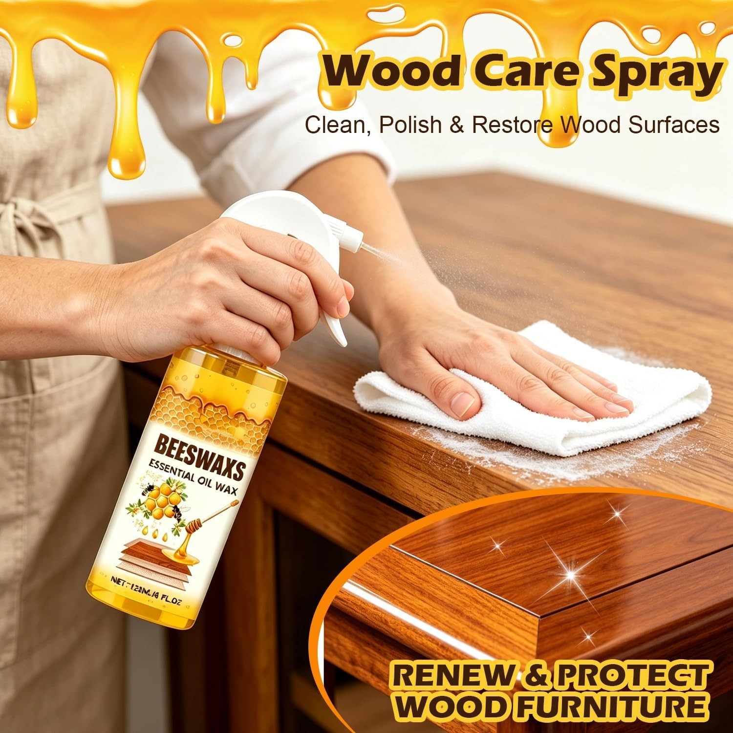 Natural Beeswax Polish Spray, Wood Furniture & Floor Cleaning Care