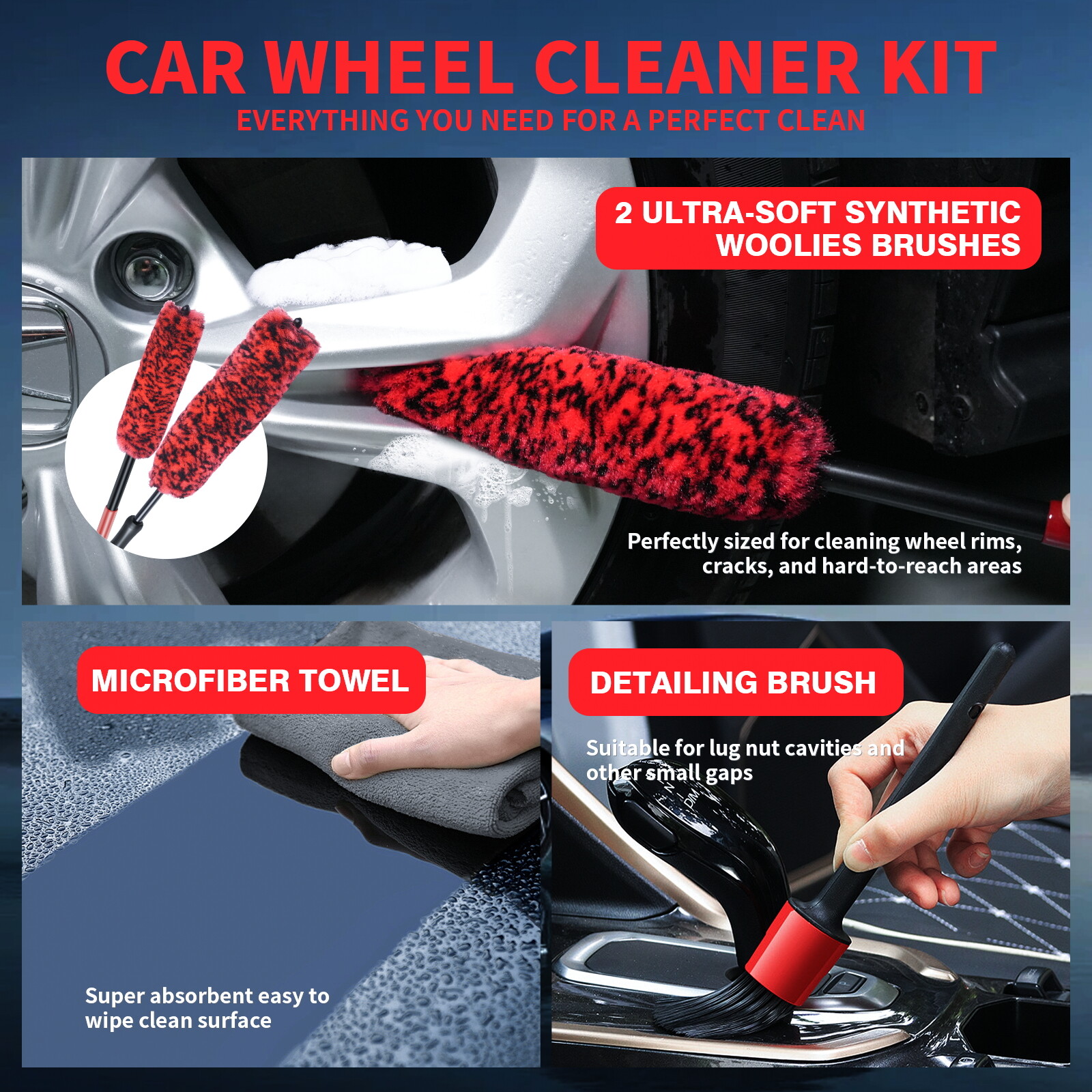 Car Wheel Brush Kit & Detailing Brush Cleaning Towels for Wheels Rims Cleaner