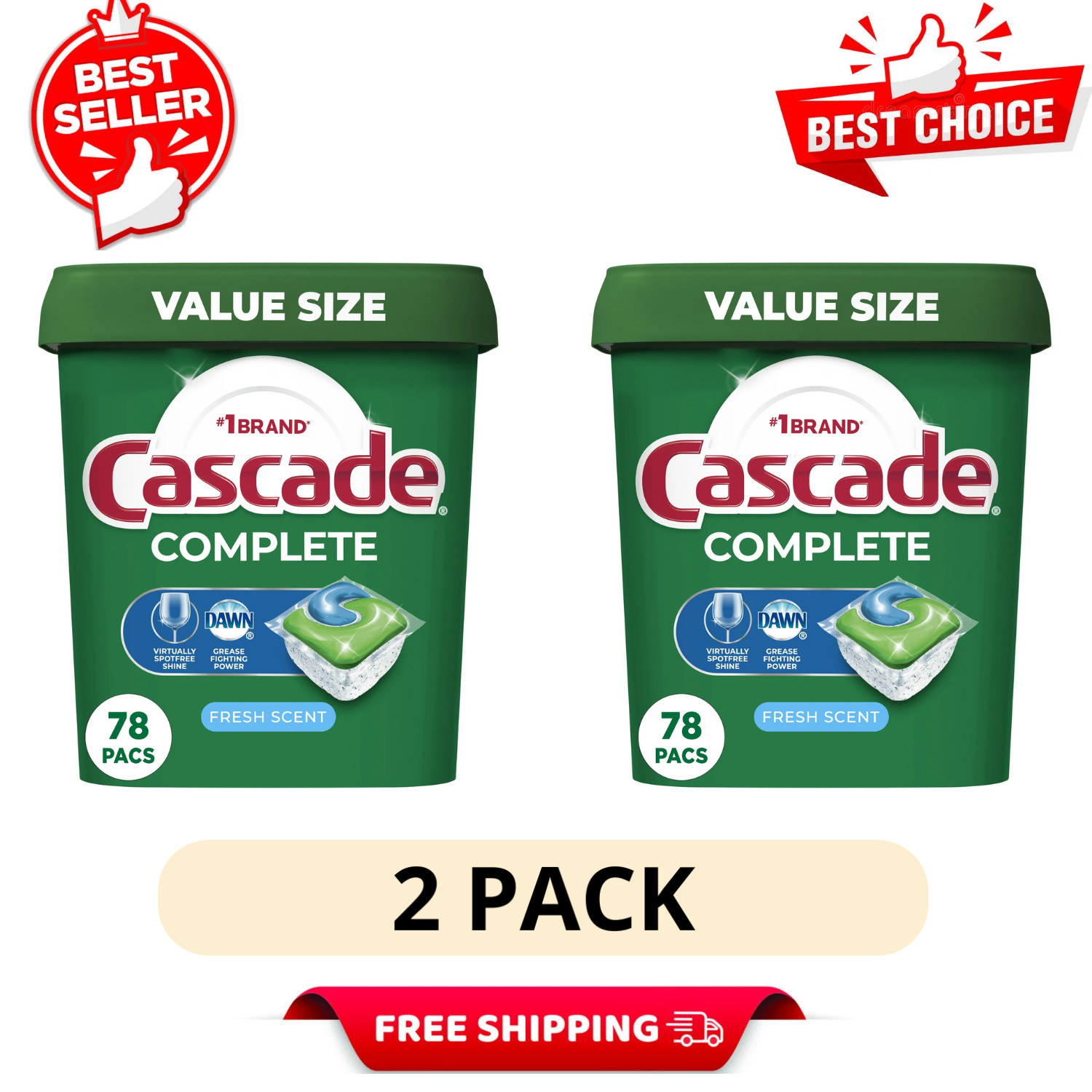 2 Pack Cascade Complete ActionPacs 78 Ct Dishwasher Pods Fresh Scent Shine
