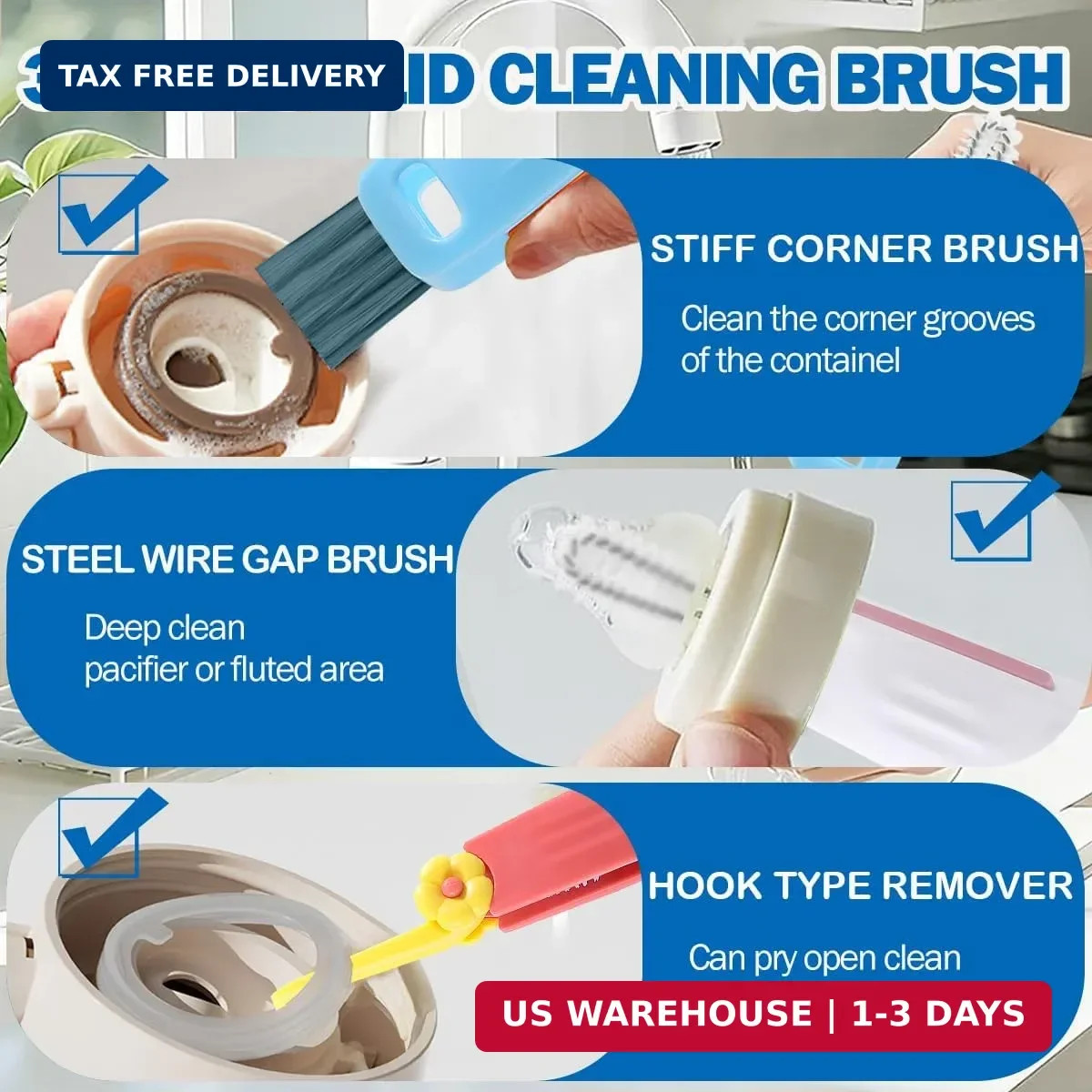 3 in 1 Cup Lid Cleaning Brush, 4PCS Multifunctional Crevice Cleaning Brush for W