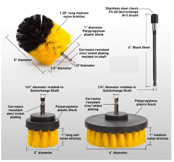 4 Pack Drill Brush for Cleaning Car Carpet Wall Carpet Tile Medium Duty Yellow