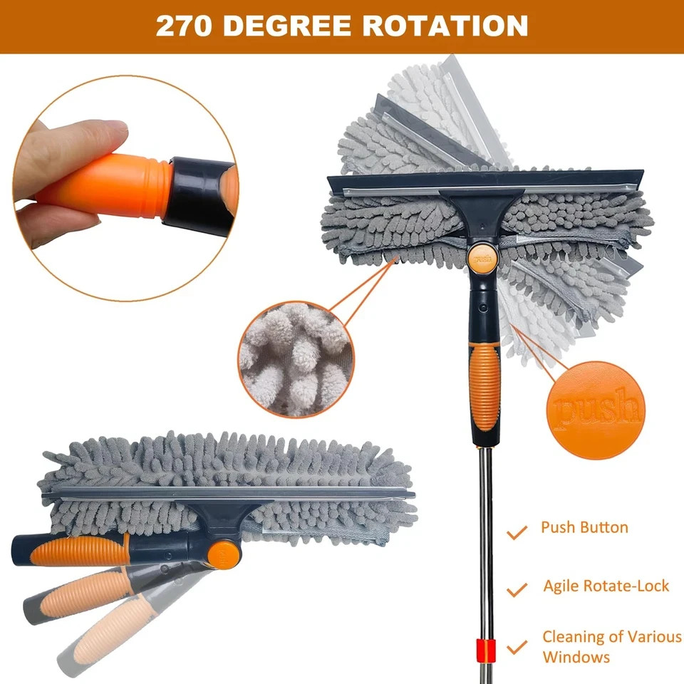 20 ft+ Reach Squeegee Window Cleaner Duster 2 in 1 Rotatable Cleaning Tool Kit
