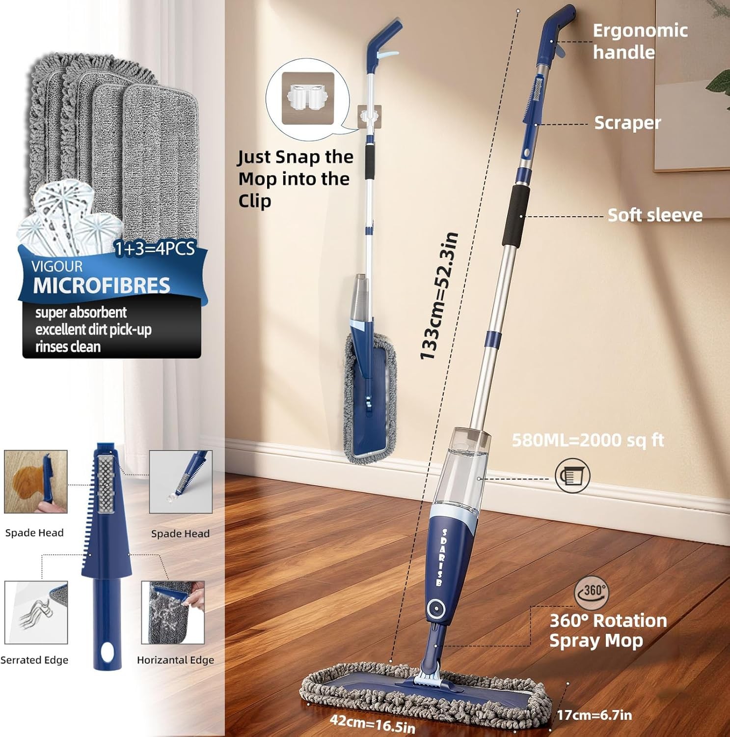 Mopa en spray de microfibra para limpiar suelos, húmedo y seco, giro 360°