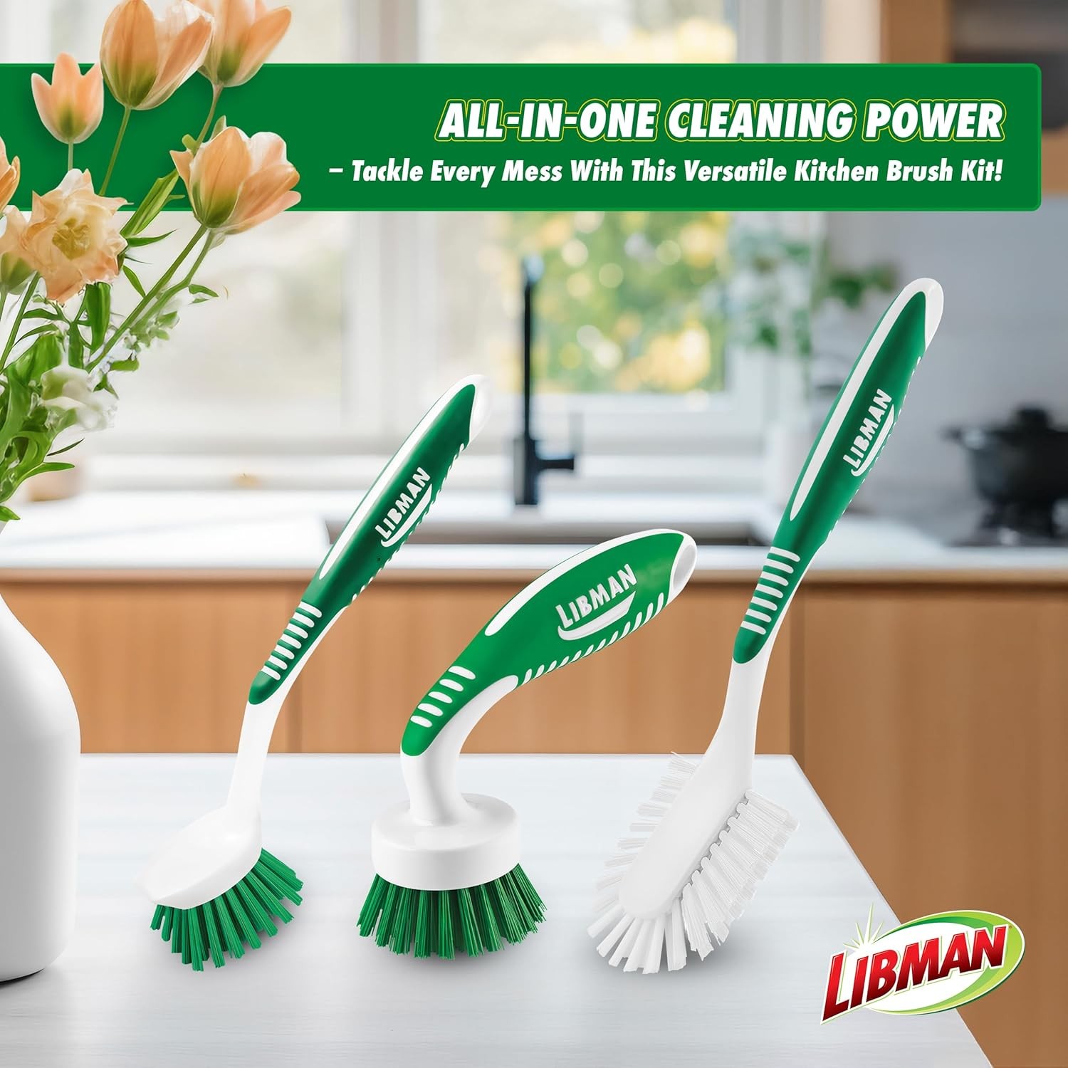 Libman Green & White Cleaning Brush Kit, 3-Piece Set, All-Purpose Brushes for