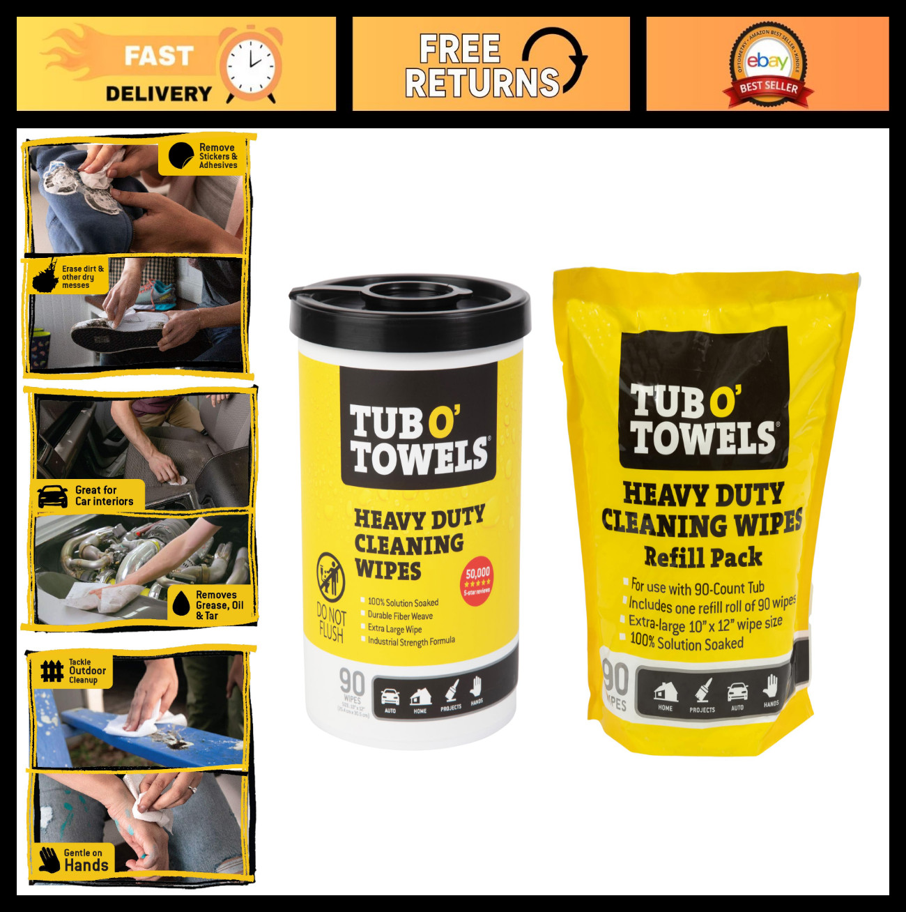 Heavy Duty Multi-Surface Cleaning Wipes, 90-Count Canister & Refill Pack, 10″x12