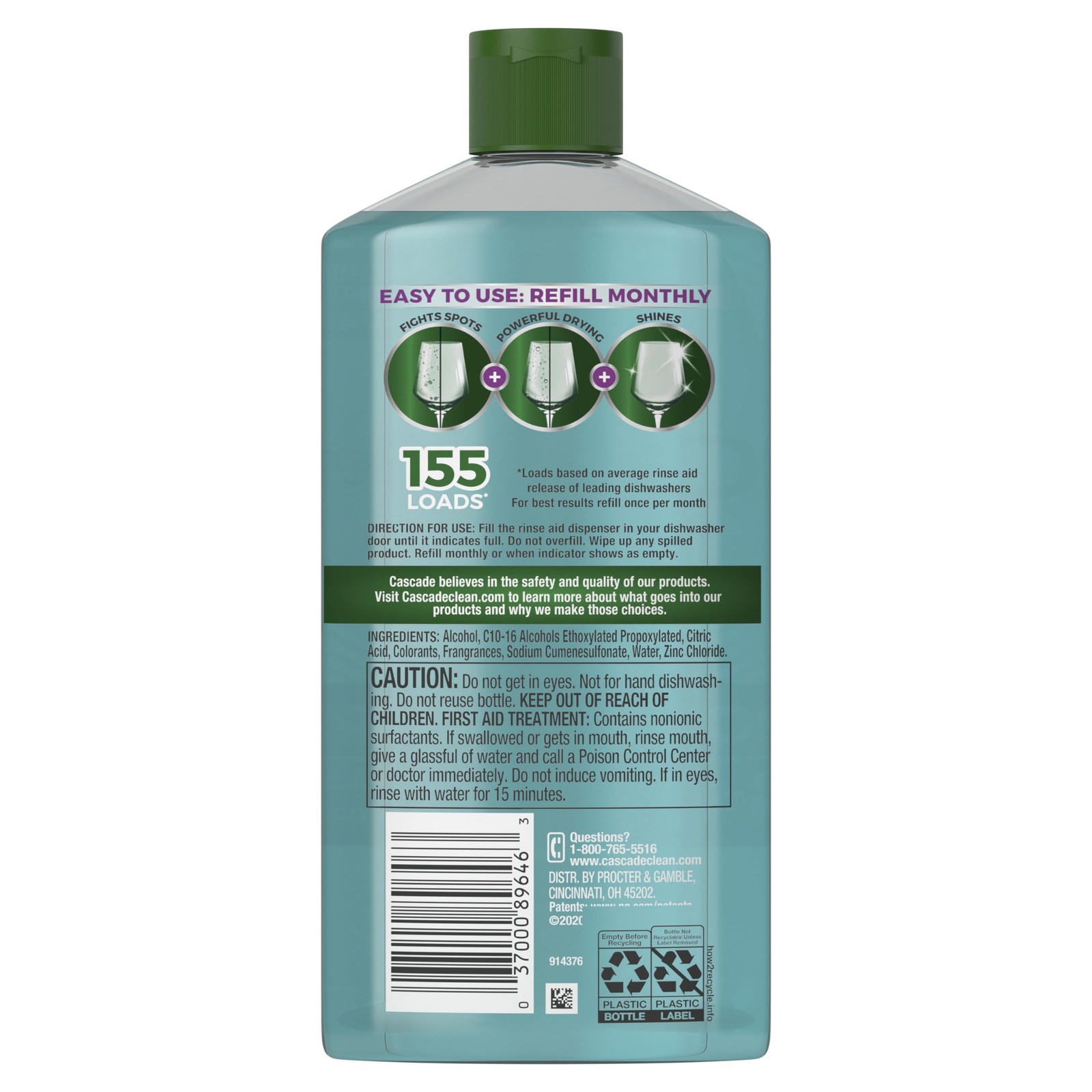 Cascade Power Dry Dishwasher 3 in 1 Rinse Aid, 16 fl oz (Pack of 1) 155 Loads
