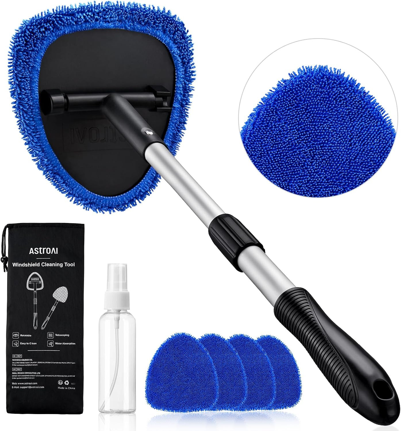 21″ Extendable Windshield Cleaner Tool with 4 Microfiber Pads Glass Cleaning Kit