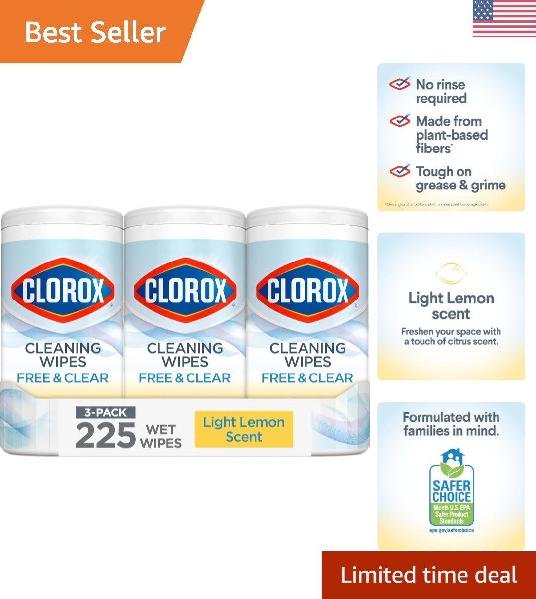 Free and Clear Cleaning Wipes Light Lemon Scent 75 Count Pack of 3