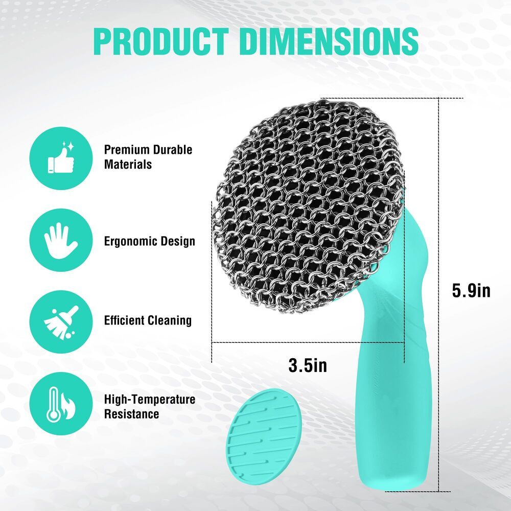 HAUSHOF Cast Iron Scrubber with Long Handle Kitchen Cleaning Kit for Grill Oven