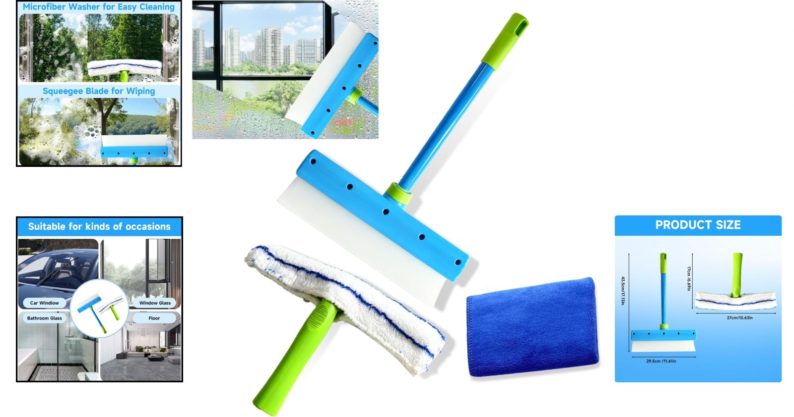 3 in 1 Recyclable Green Window Cleaning Kit Squeegee with Microfiber Scrubber
