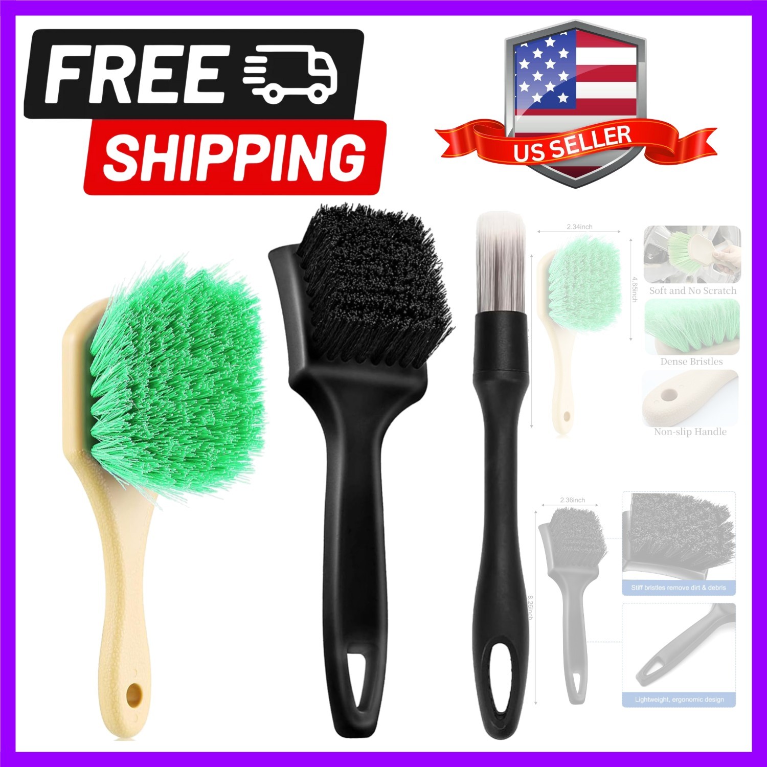 Wheel Rim Tire & Carpet Cleaning Brush Set, Soft & Stiff Bristle Wash Cleanin…