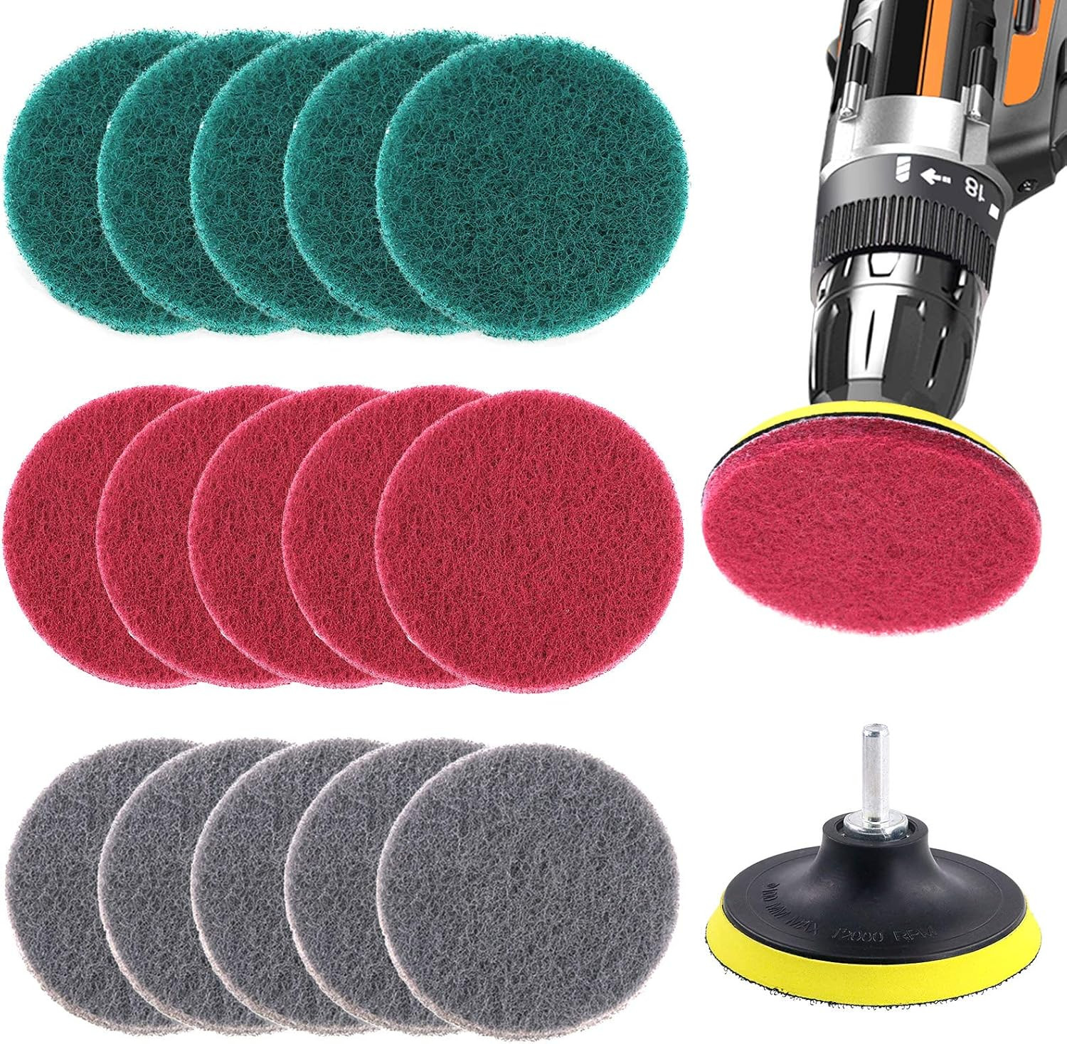 16Pcs 4″ Drill Power Brush Tile Scrubber Scouring Pads Cleaning Kit with 4″ Disc