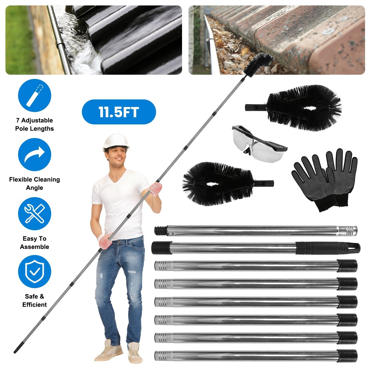 10.5FT Gutter Cleaner Tool From Ground Telescoping Pole Brush Extendable Wandset