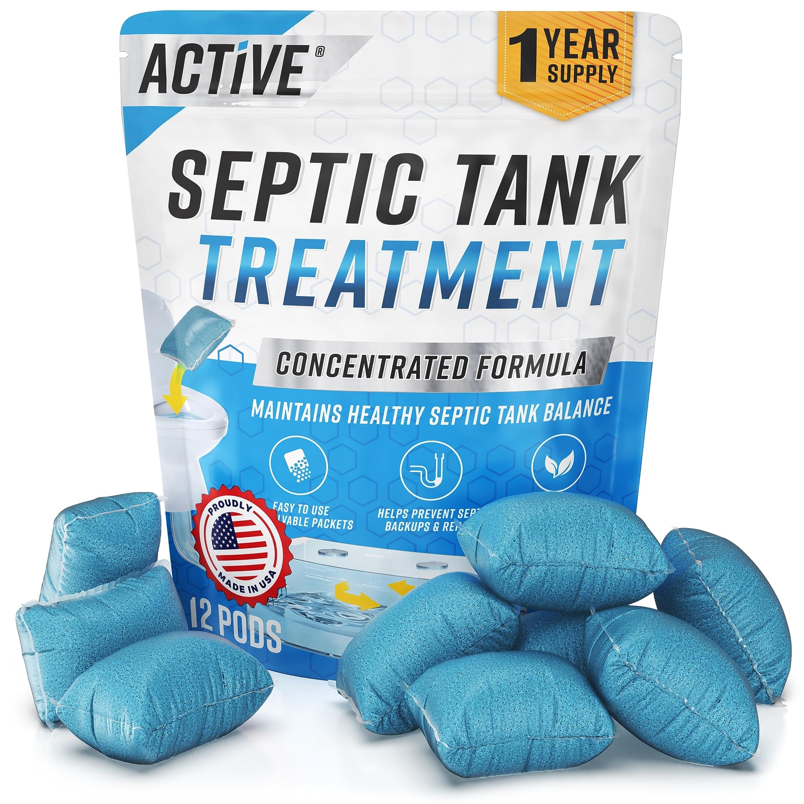 Septic Tank System Treatment Pods, 12 Dissolving Pack, Prevent Clogs Odor&Backup