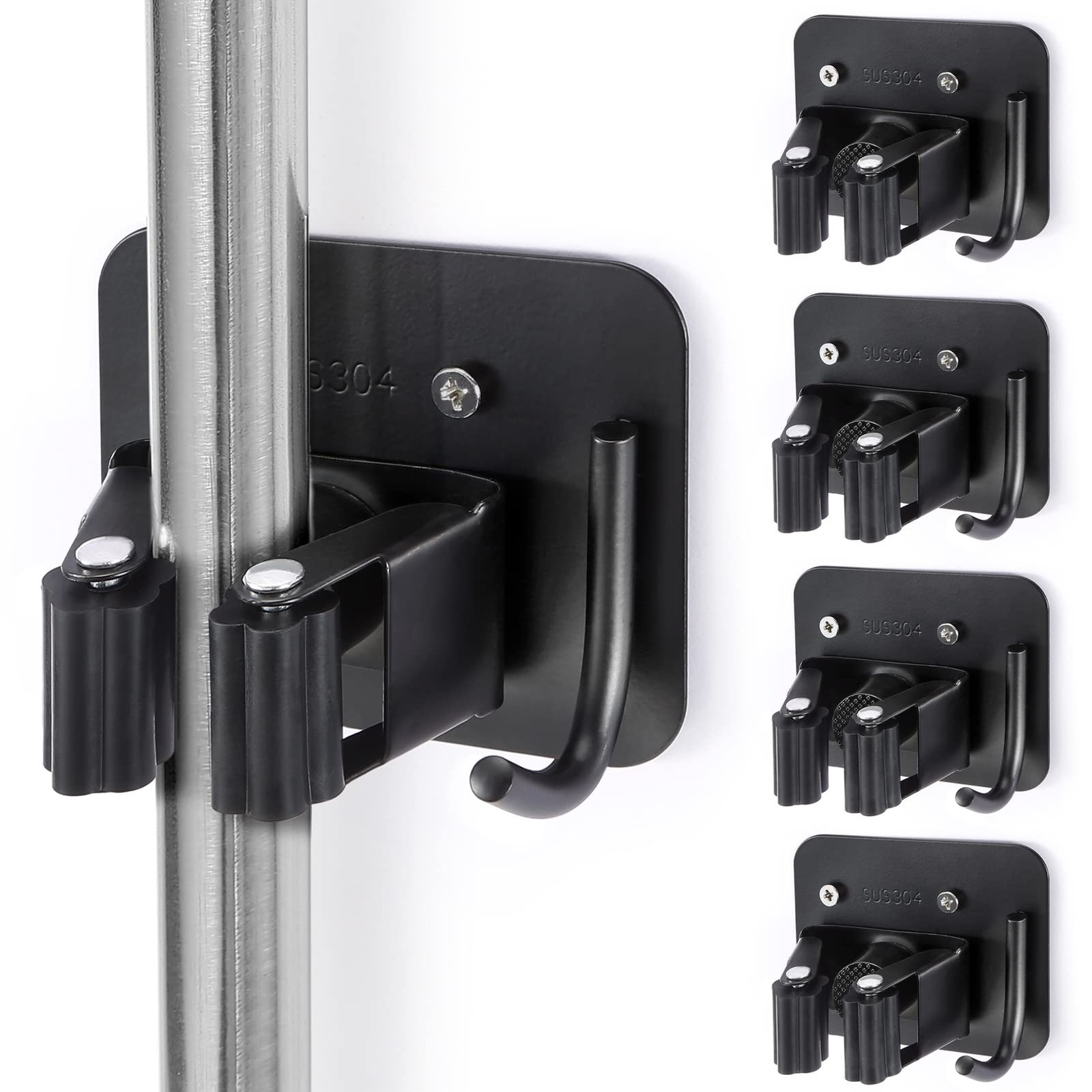Stainless Steel Broom Mop Holder Wall Mount Rack 4 Gripper Positions 4 Hooks Bla