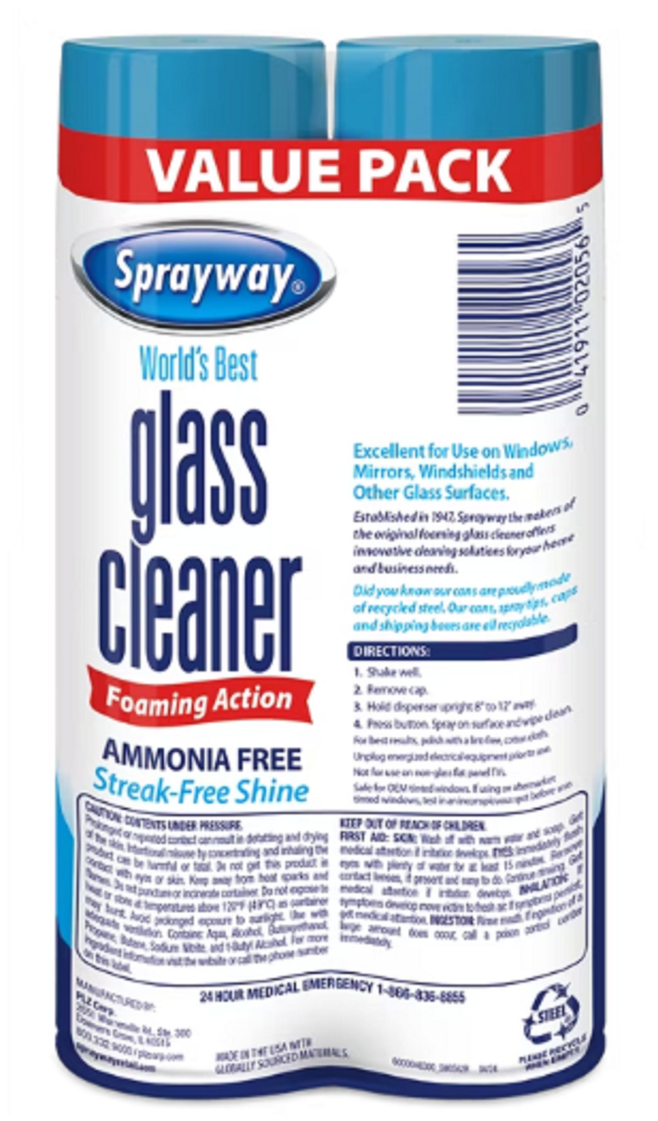 Sprayway Glass Cleaner Foaming Aerosol Spray, 19 oz, 2-Pack, Ammonia-Free, Strea