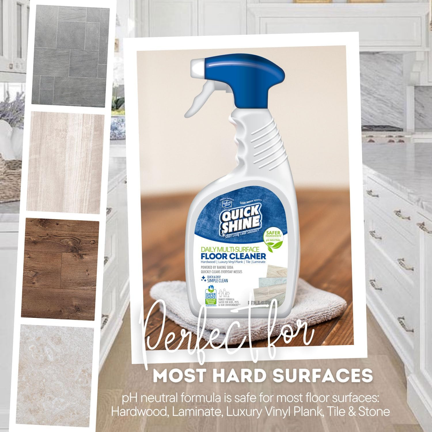 Quick Shine Daily Floor Cleaner 24 Oz Hardwood Vinyl Tile Plant-Based No Rinse