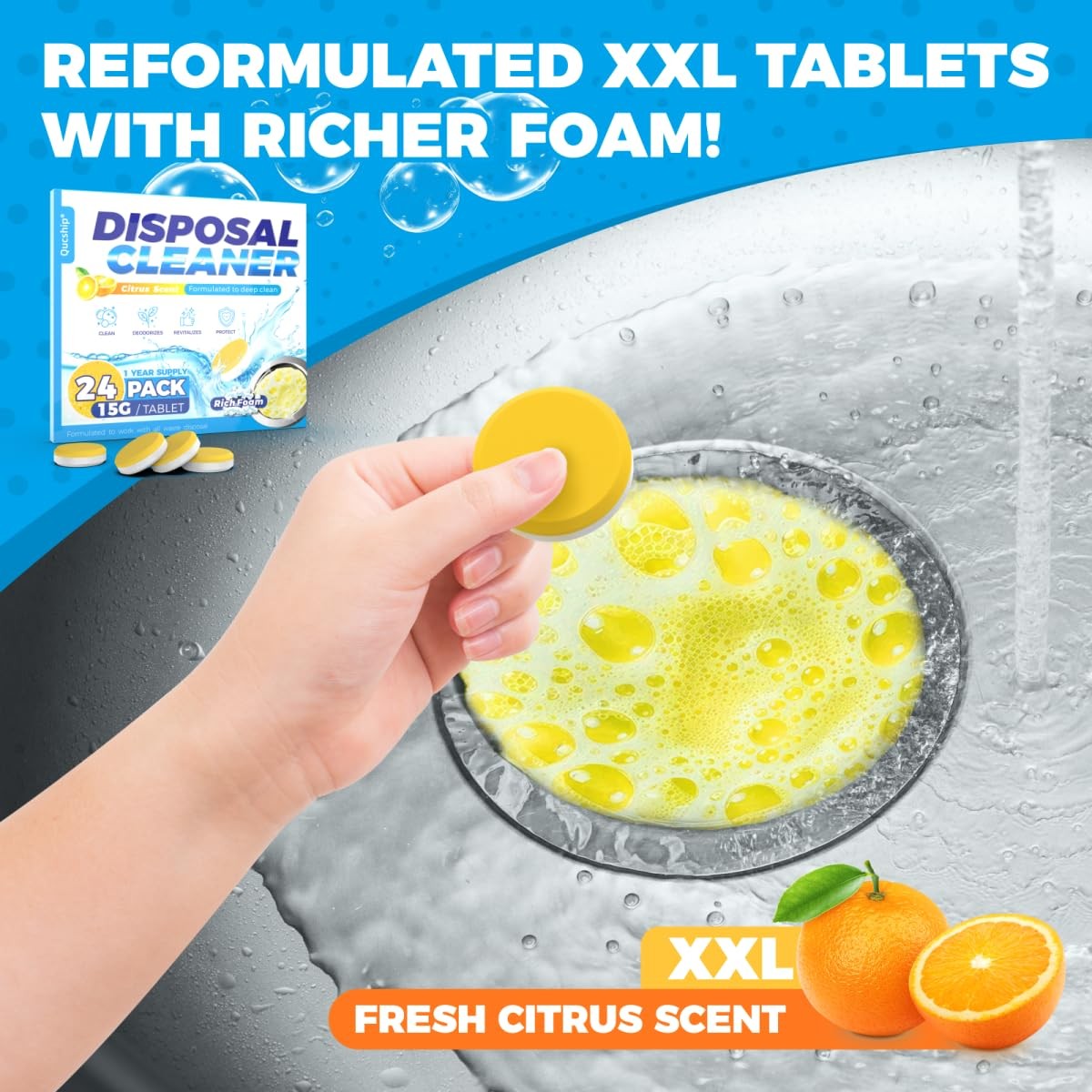 Garbage Disposal Cleaner and Deodorizer Tablets – 24 Pack, Powerful XXL Foaming