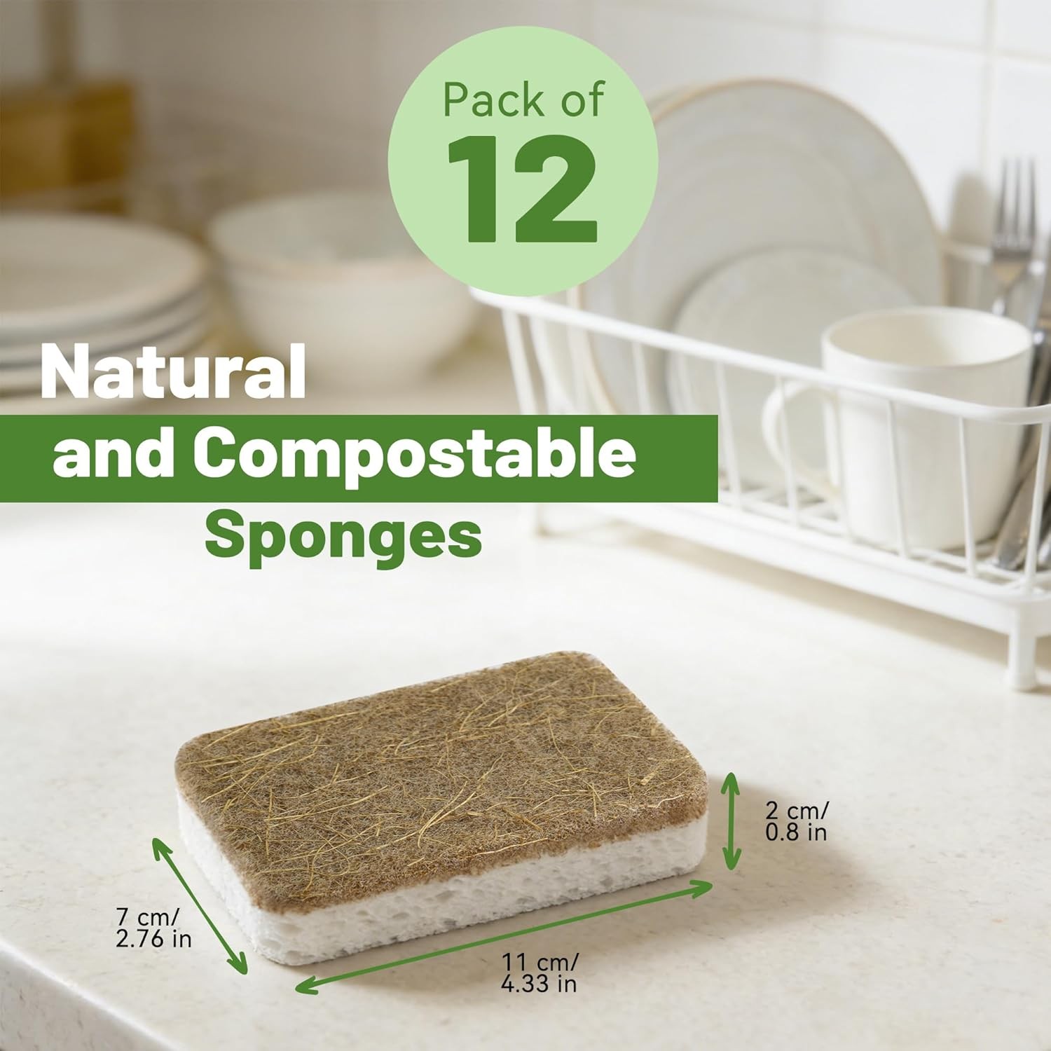 12 Count Plant-Based Kitchen Sponges, Compostable Cellulose Sponge,