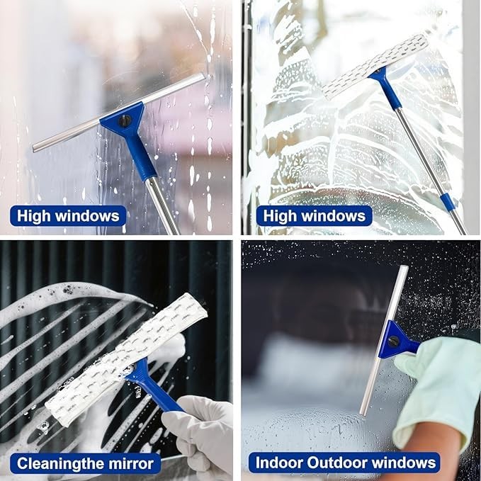 59″ Long Reach Window Squeegee with 14″ Double-Layer Blade & 2 Cloths – Stain…