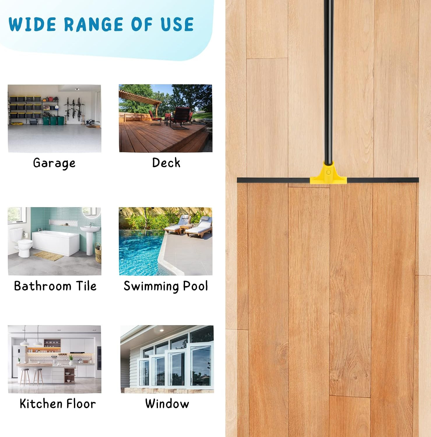 Floor Squeegee for Concrete and Tile Cleaning, 24” Rubber Wiper Broom, Large He