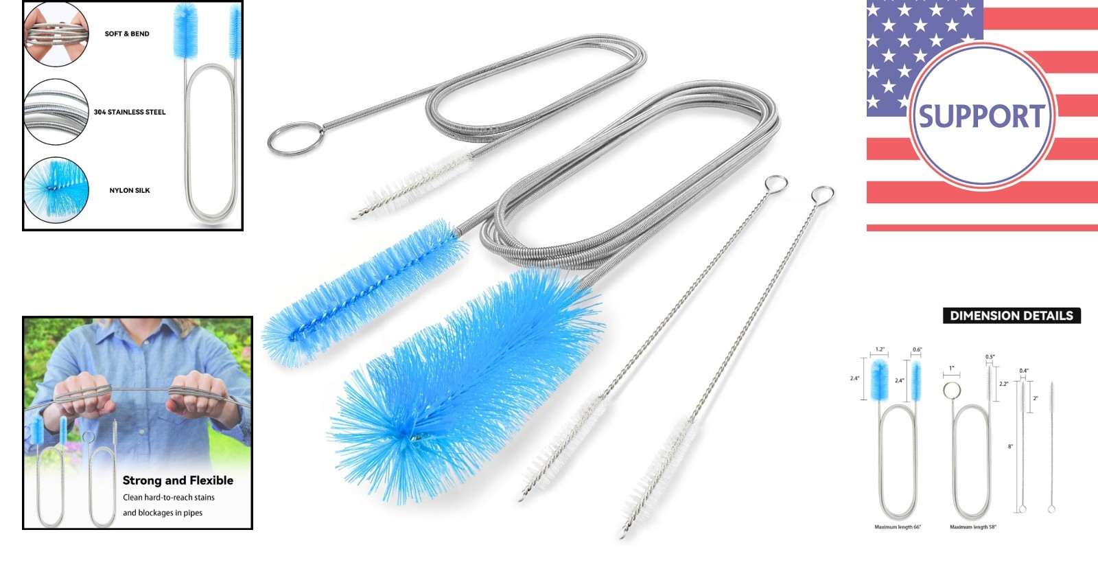 Flexible Drain Brush with Stainless Steel Handle: 4-Piece Cleaning Set