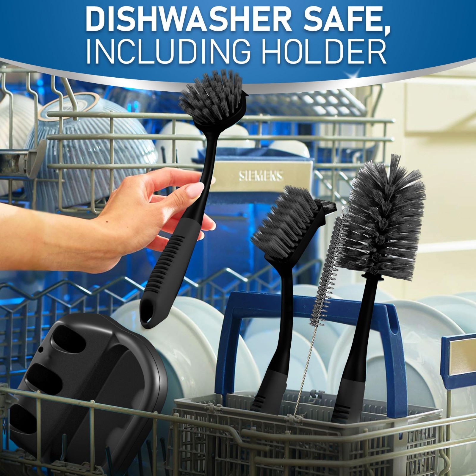 5-Piece Dish Brush Set with Holder – Non-Slip Long Handle Kitchen Scrubbers for