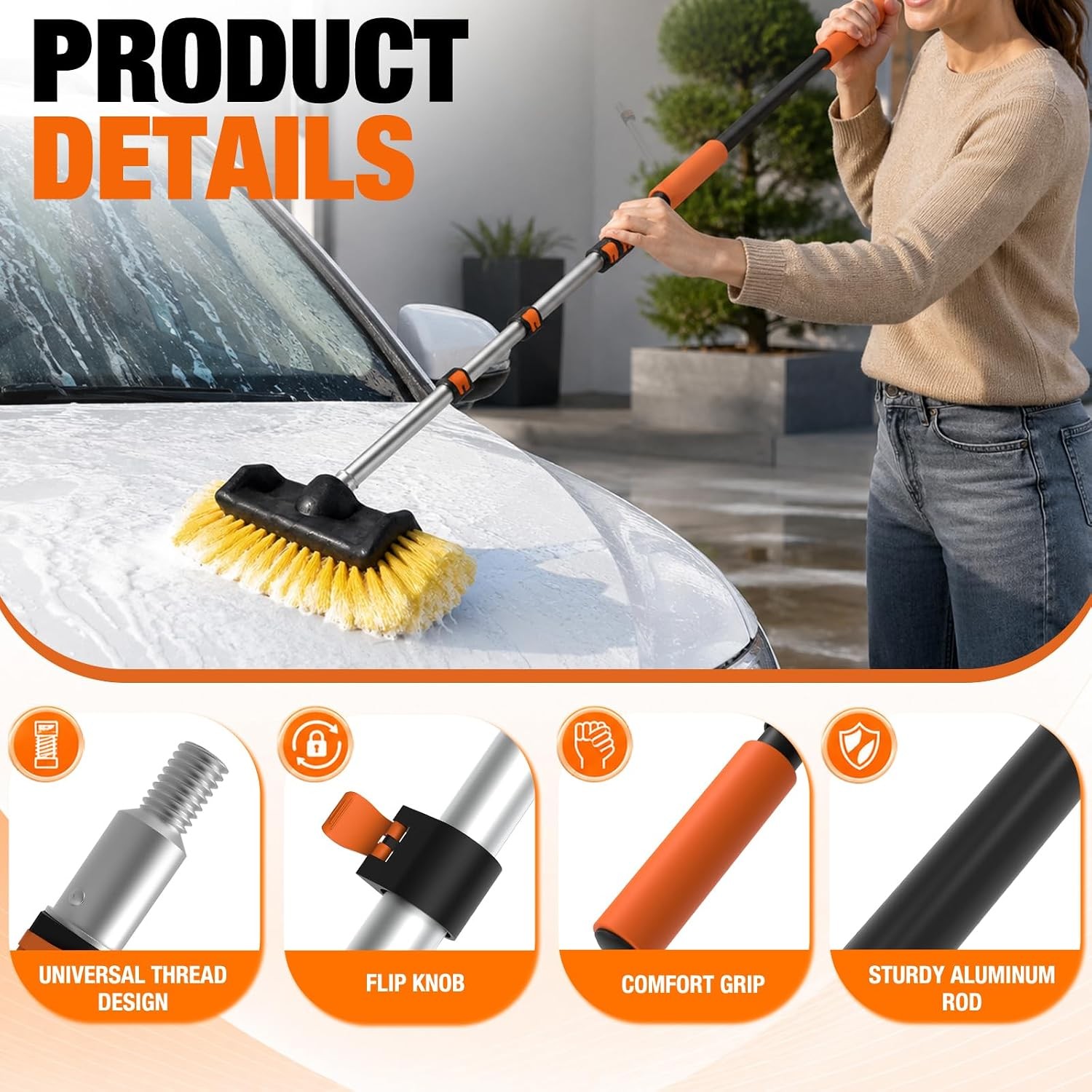 LAANPOLE 12FT Car Wash Brush with Long Handle, Car Cleaning Brush with 12 Inch