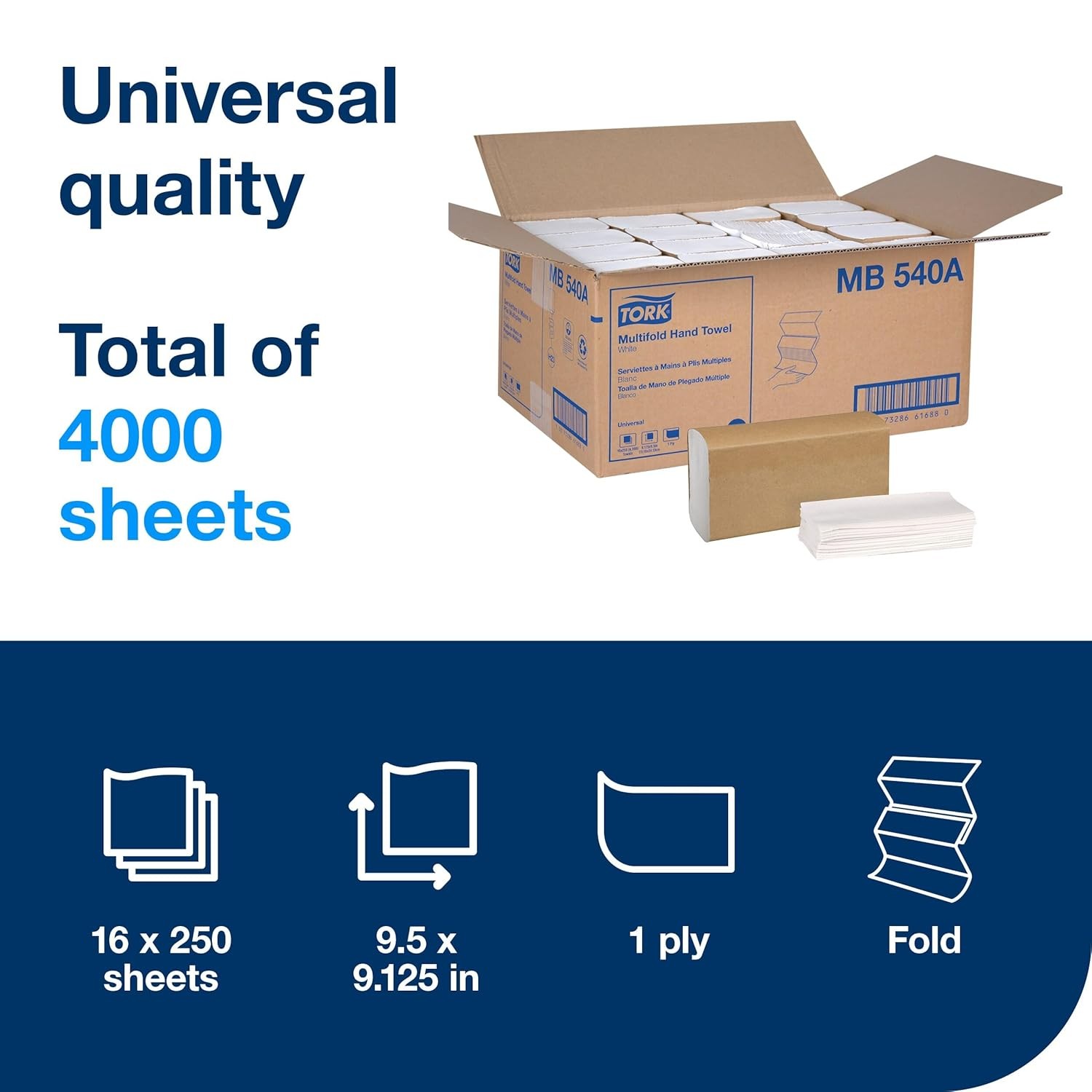 Tork Multifold Hand Towel White H2, Universal, 100% Recycled Fibers, 16 x 250