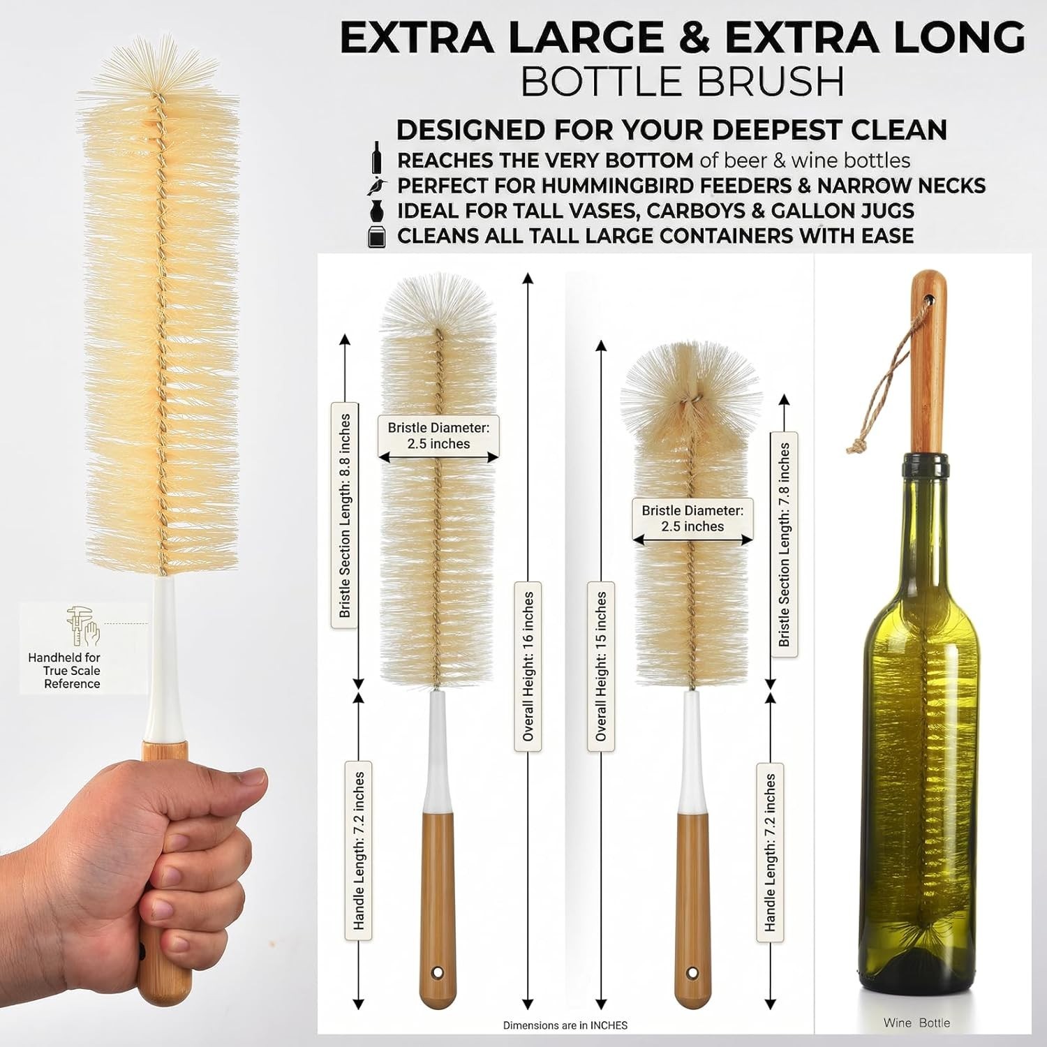 Extra Large Long Bottle Brush Set – 16″ / 15″ Long Bamboo Handle Bottle Clean…