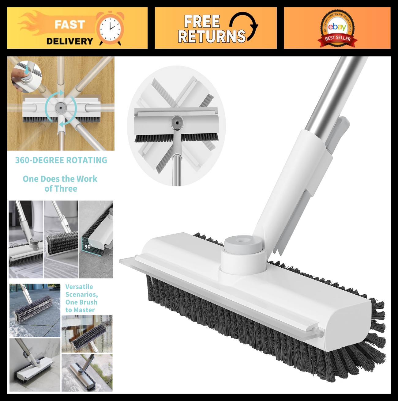 Heavy-Duty Floor Scrub Brush with Long Handle – 3-in-1 Stiff Bristle Cleaner for