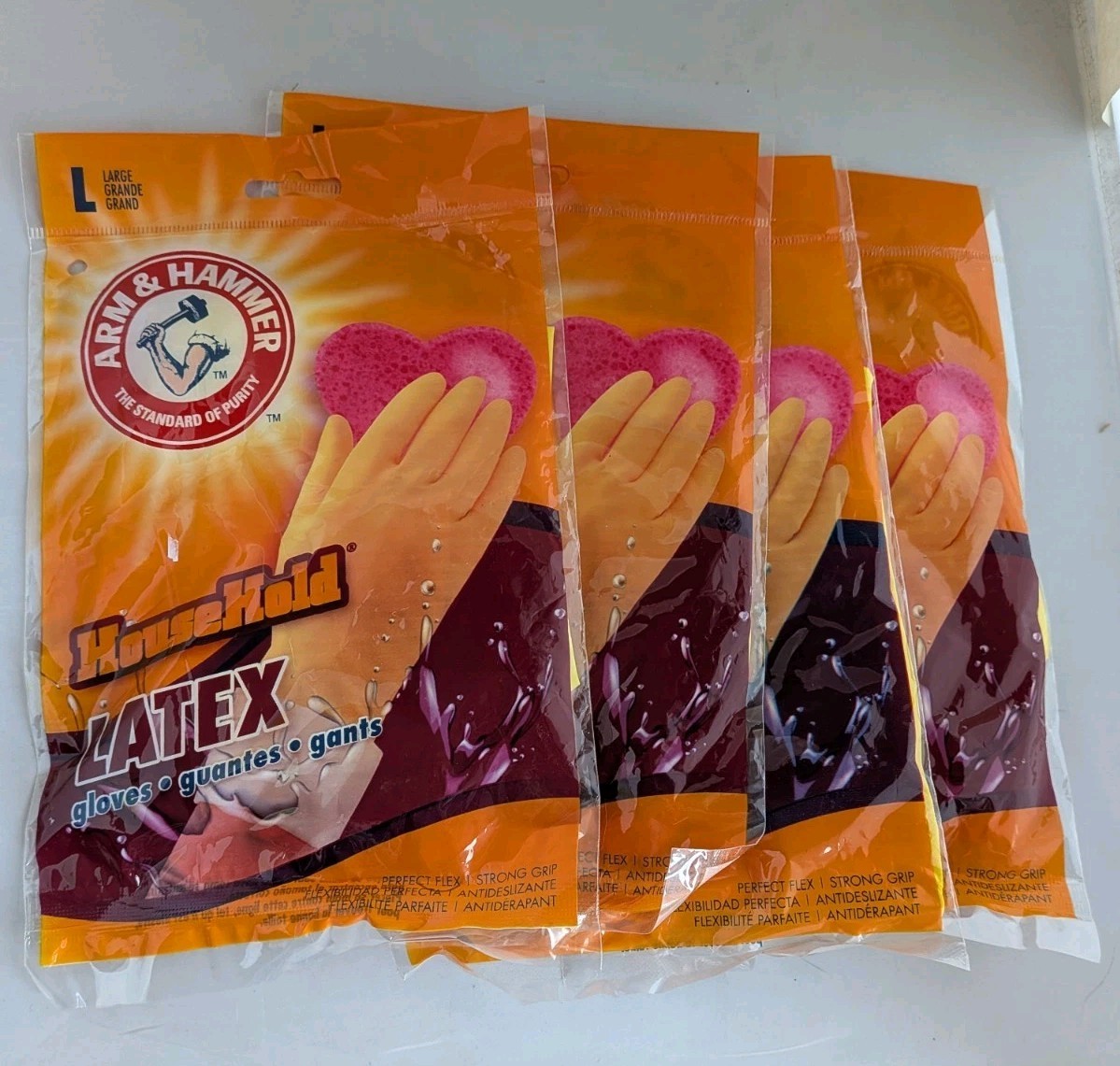 4 packages (4 pairs) Arm & Hammer HouseHold Latex Cleaning Gloves LARGE AH1263