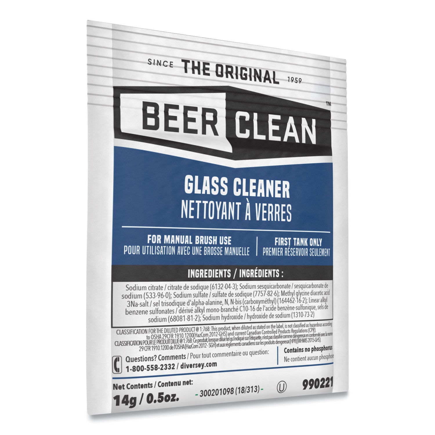 Diversey Beer Clean Glass Cleaner, Powder, .5oz Packet, 100/Carton