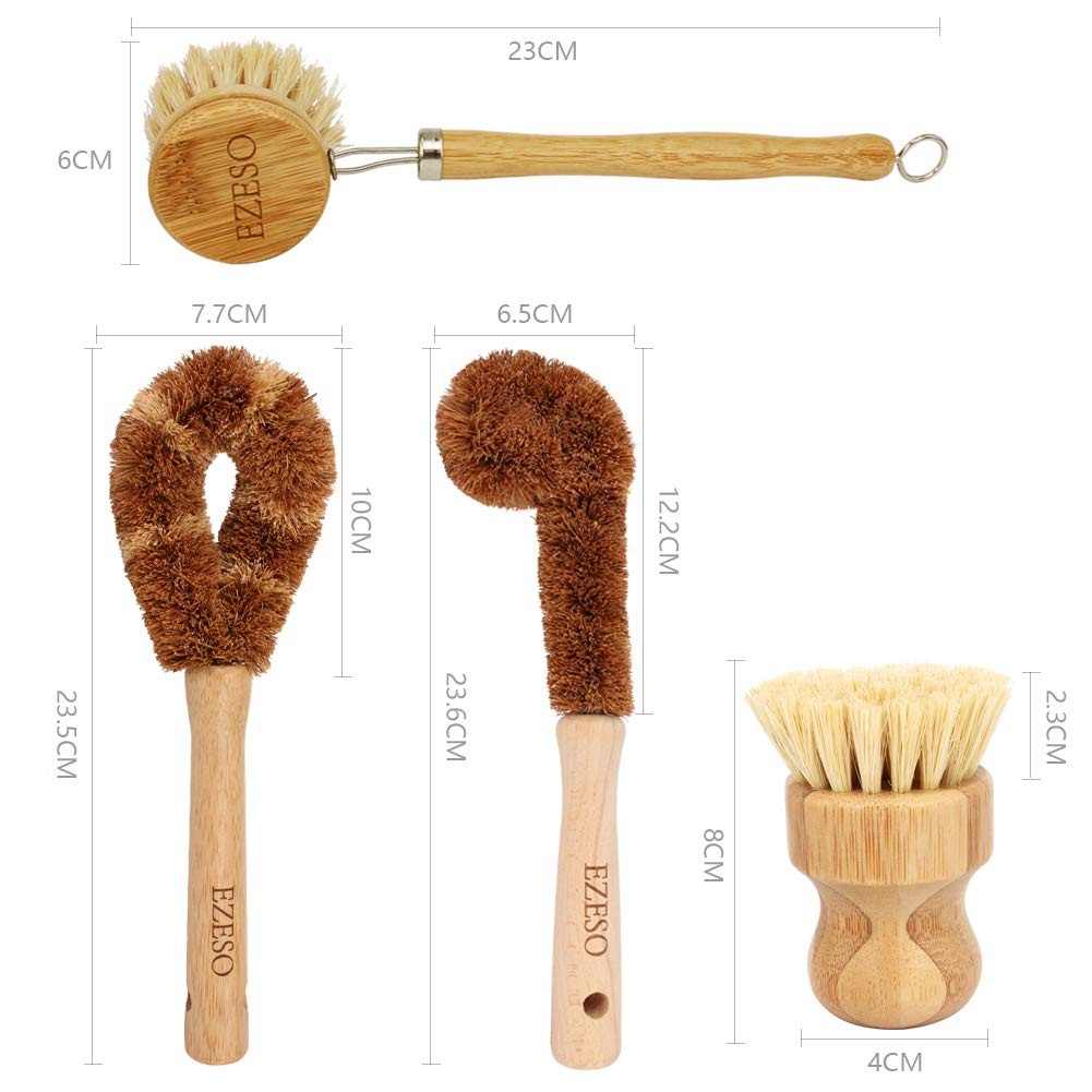 Natural Kitchen Brush Bamboo Dish Scrub Brush, Ezeso Cleaning Brush Set 4 Pie…