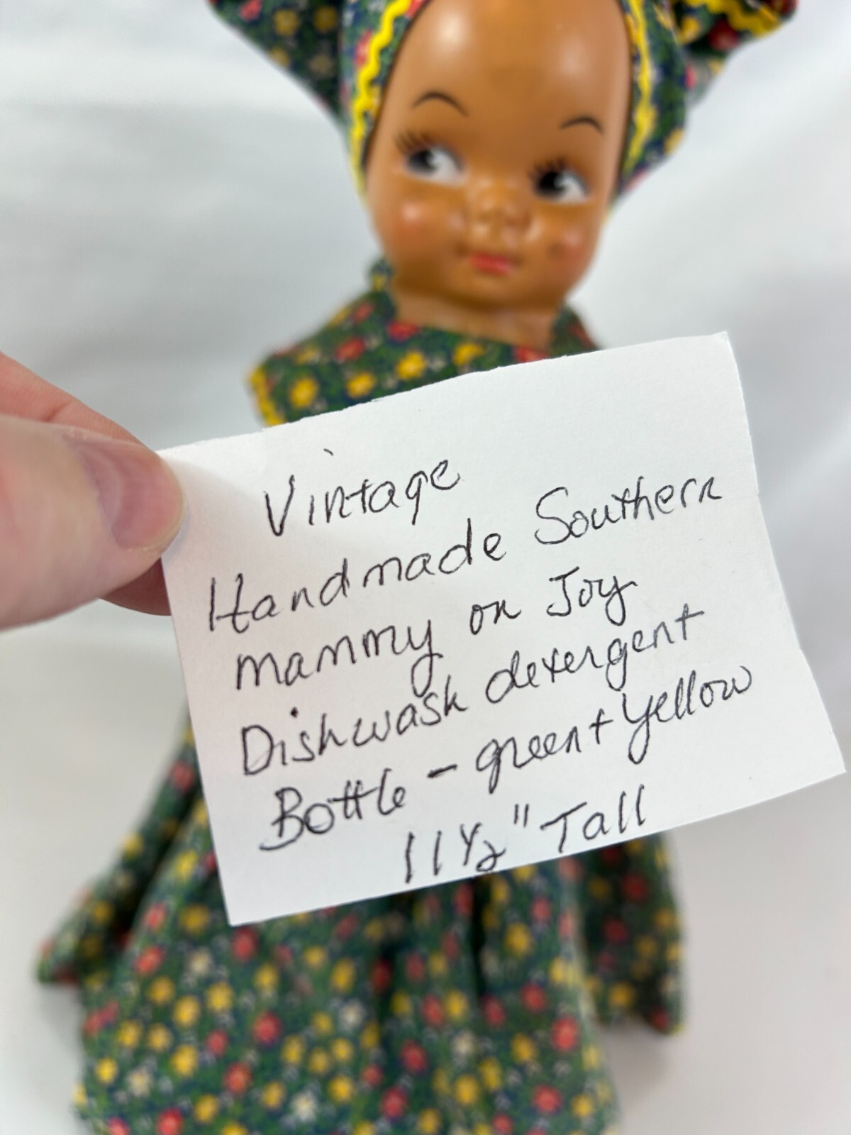 Vtg Handmade Southern Mammy On A Joy Dishwashing Liquid Bottle with Green Cloth