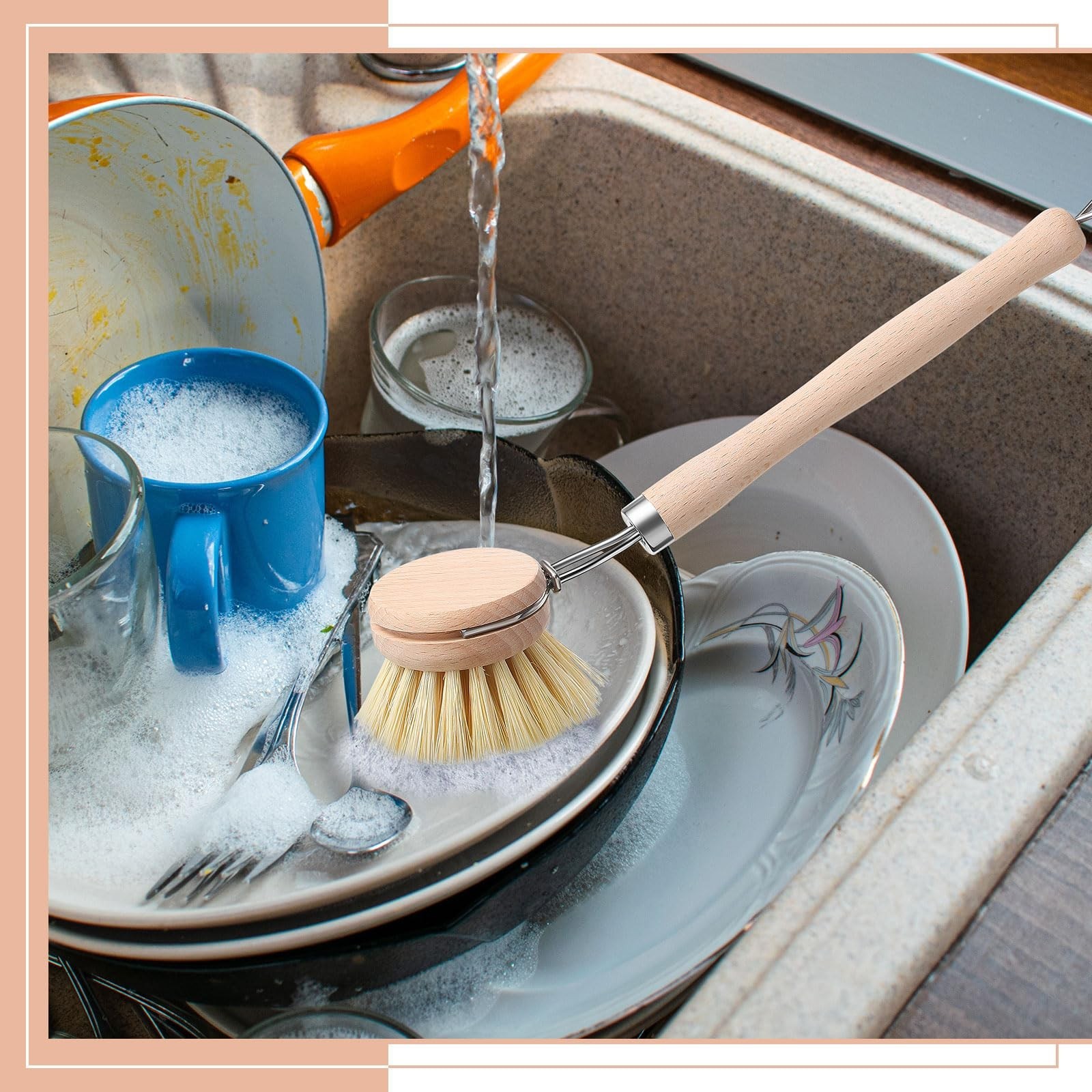 4 Pcs Beechwood Dish Brush Set – Natural Wooden Handle, Fiber Bristles, 2″ Repla