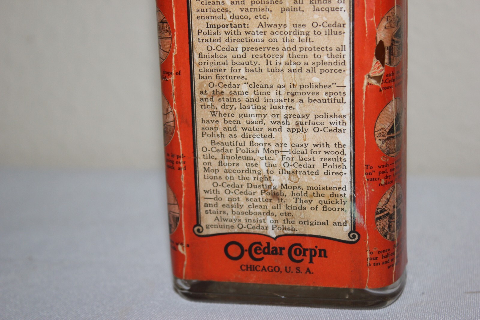Antique O-CEDAR Polish Glass Bottle Paper Lable Wood Stopper Cap Advertising