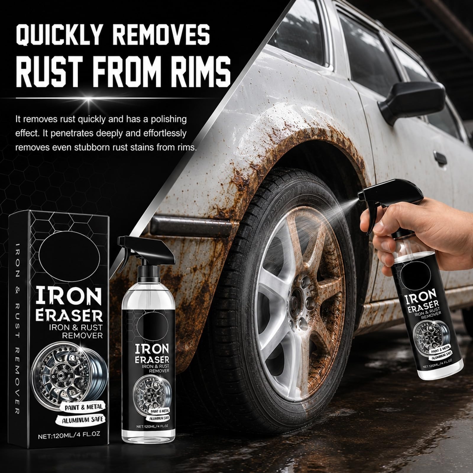 Iron Eraser Rust Remover Spray – Fast Acting Cleaner for Car Wheels