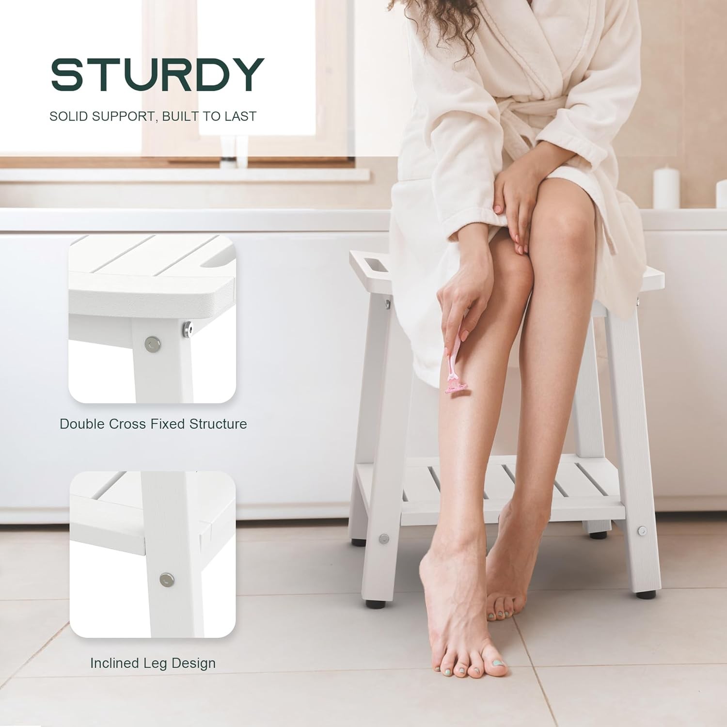Shower Bench for Inside Shower – White HDPE Shower Stool Waterproof – Spa Bath
