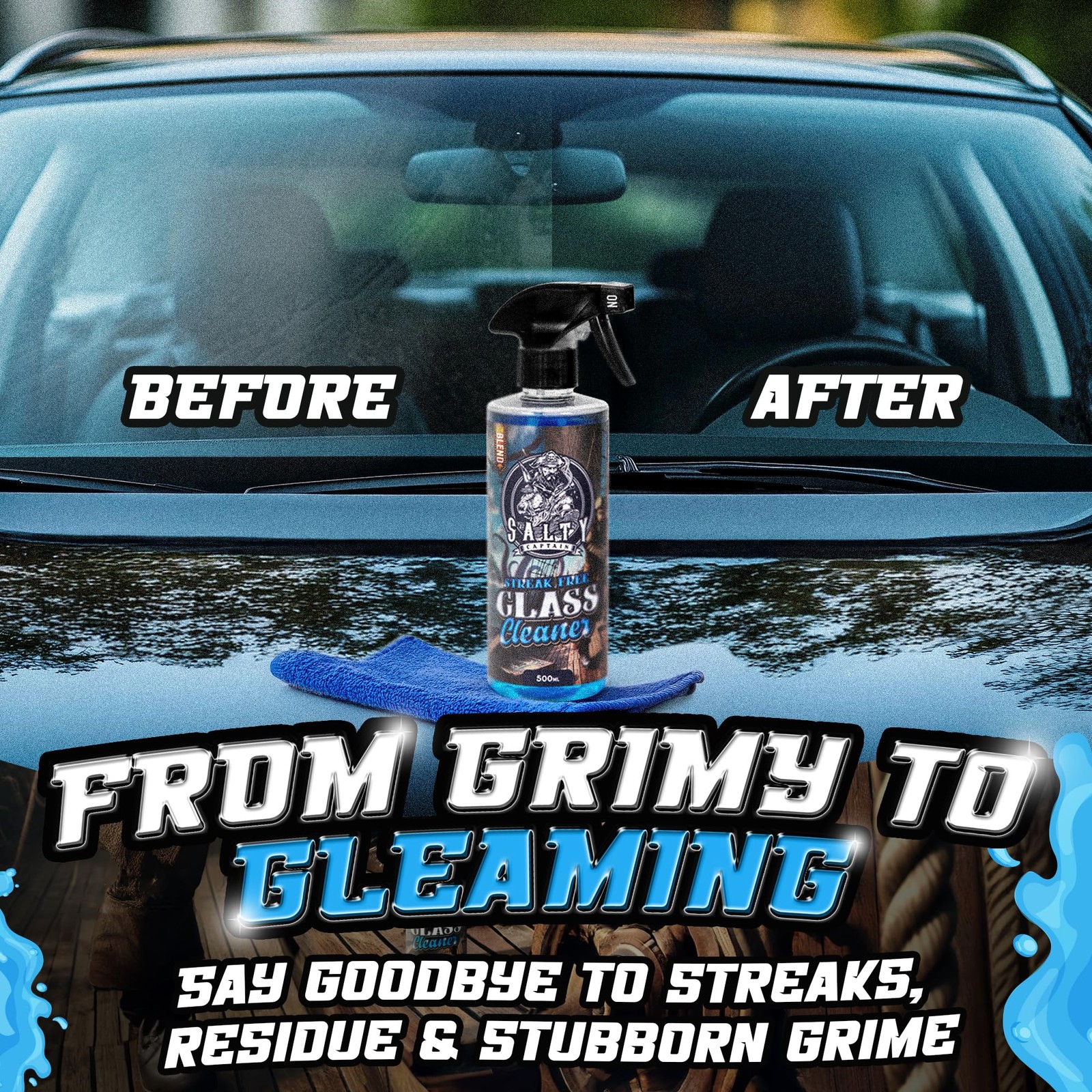 Salty Captain Glass Cleaner Spray 16.9oz – Streak-Free Car Window Cleaner – I…
