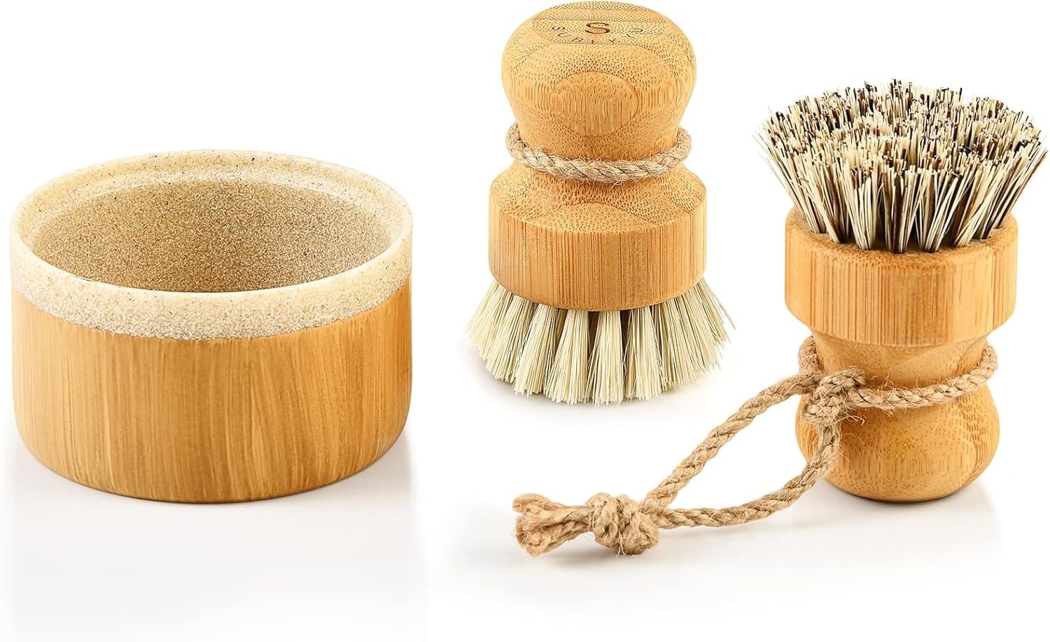 Bamboo Dish Brush Set with Soap Holder, Wooden Dish Scrubber with Soap Dispen…