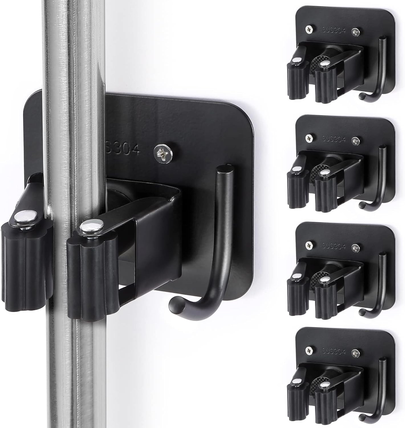 Stainless Steel Broom Mop Holder Wall Mount Rack 4 Gripper Positions 4 Hooks Bla