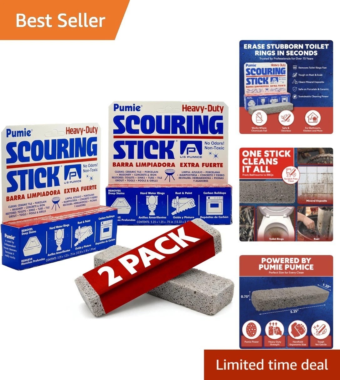 Extra Strong Pumice Cleaning Bars 2 Pack for Tile and Bathroom Surfaces