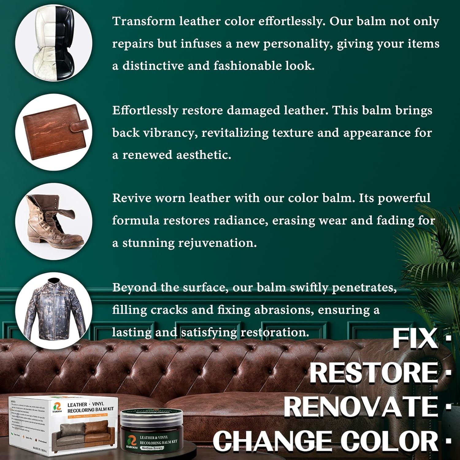 Medium Brown Leather Repair Kit, Leather Recoloring Balm – Color: Medium Brown
