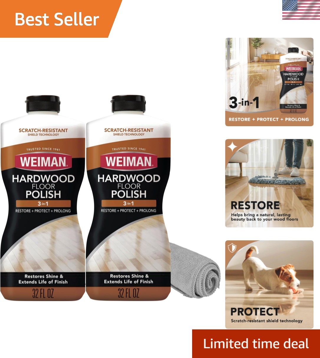 Wood Floor Polish and Restorer 32 Oz 3PC Bundle – High-Traffic Hardwood Floor…