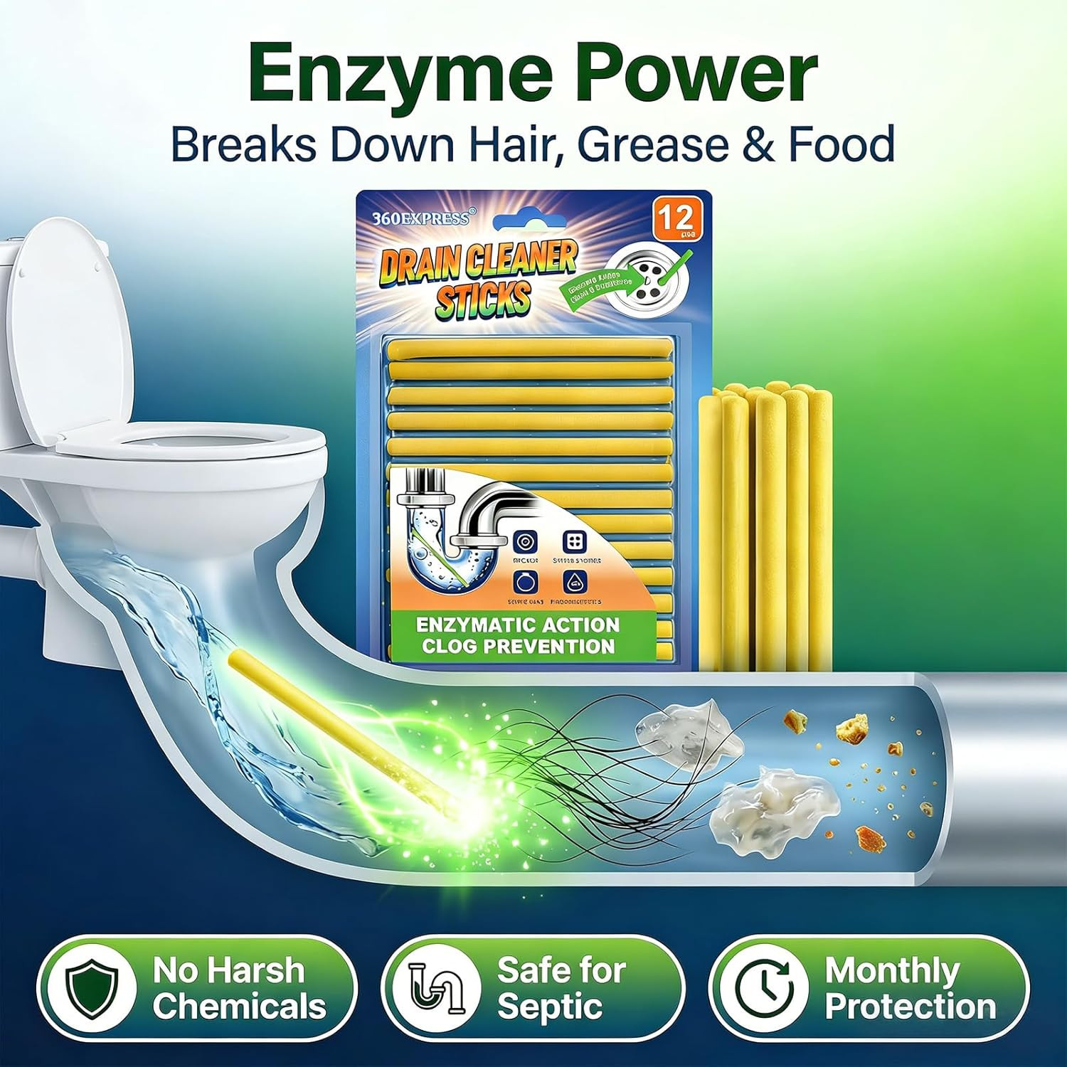 Drain Cleaner and Deodorizer Sticks, 24 Pcs Enzyme Drain Sticks – Natural Clog R