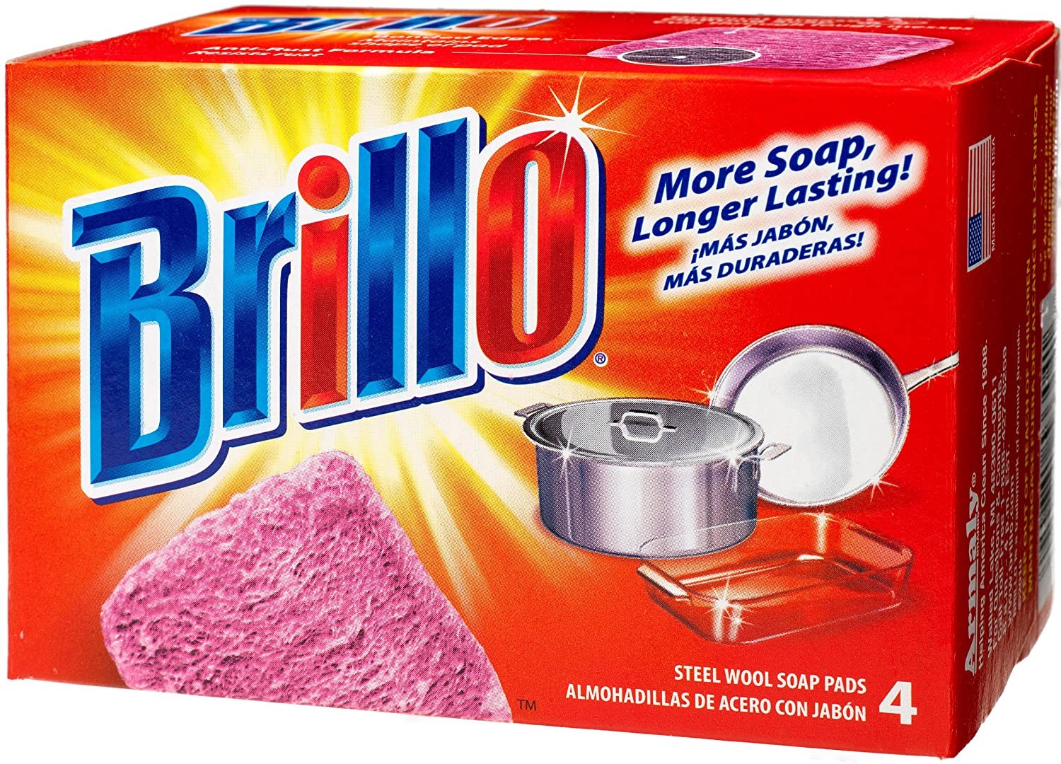Brillo Steel Wool Soap Pads, Original Scent (Red), 4 Count