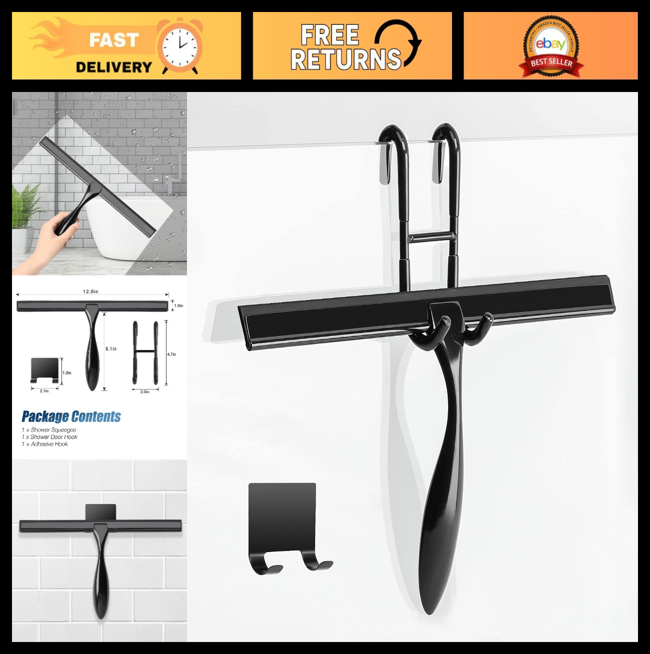 12″ Shower Squeegee Set with Hooks – Ideal for Glass Doors, Mirrors & Windows